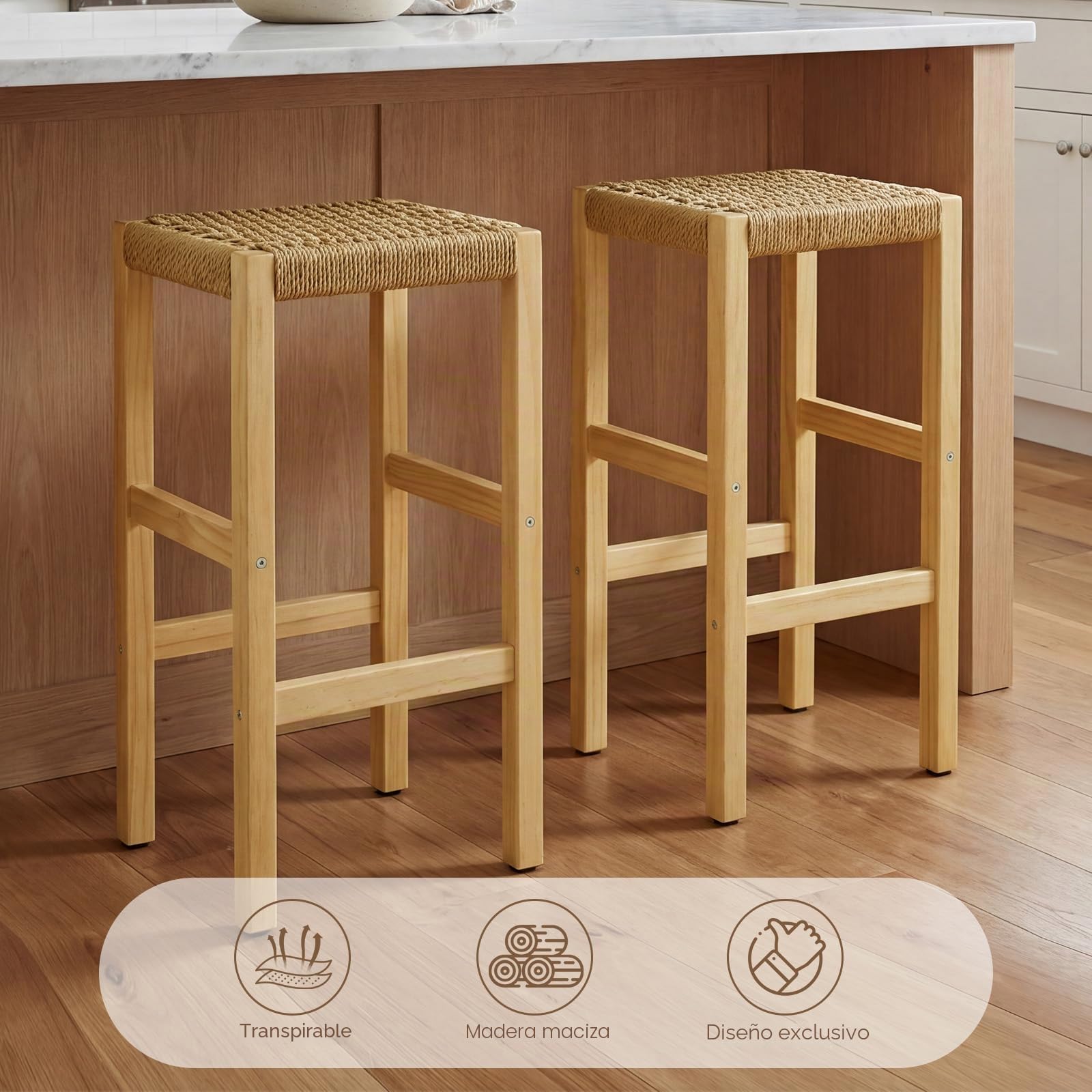 chairus 2PCS Taburetes de Bar de Madera con Tejido Natural de Cuerda