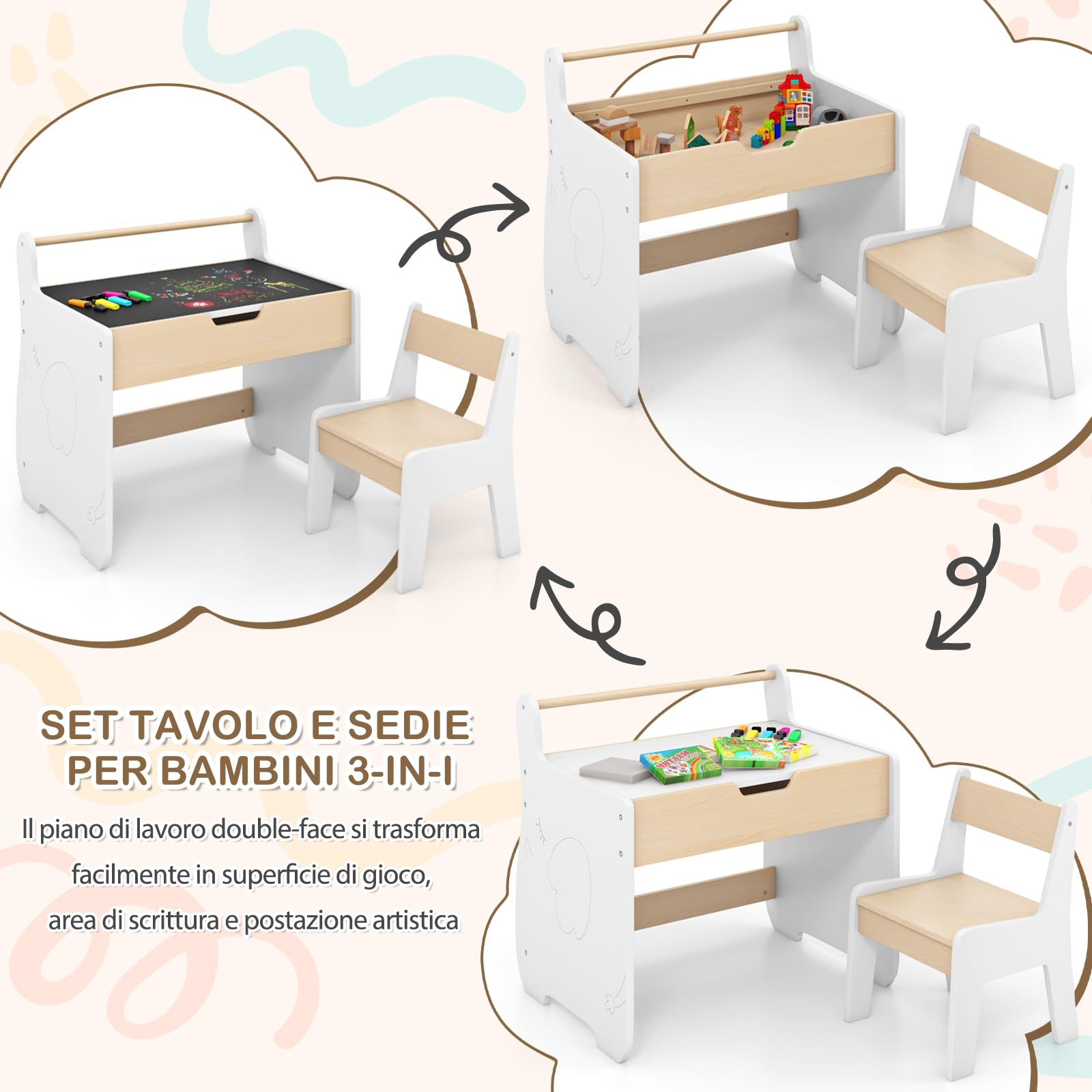 RELAX4LIFE Juego de mesa y silla 2 en 1 para niños, escritorio de madera con tablero extraíble de doble cara, amplio espacio de almacenamiento, diseño multifuncional para habitación de los niños