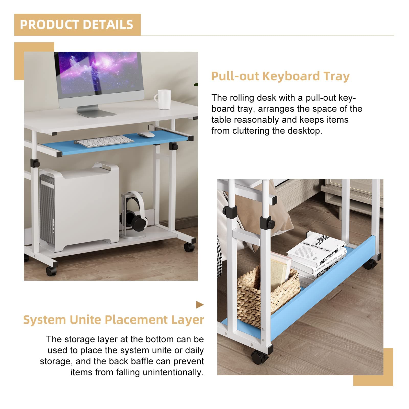 Dripex Schreibtisch höhenverstellbar, Computertisch mit Rollen, Schreibtisch klein auf Rollen, platzsparender Laptoptisch mit Tastaturauszug und Regal, PC Tisch klein für Home Office, Weiß