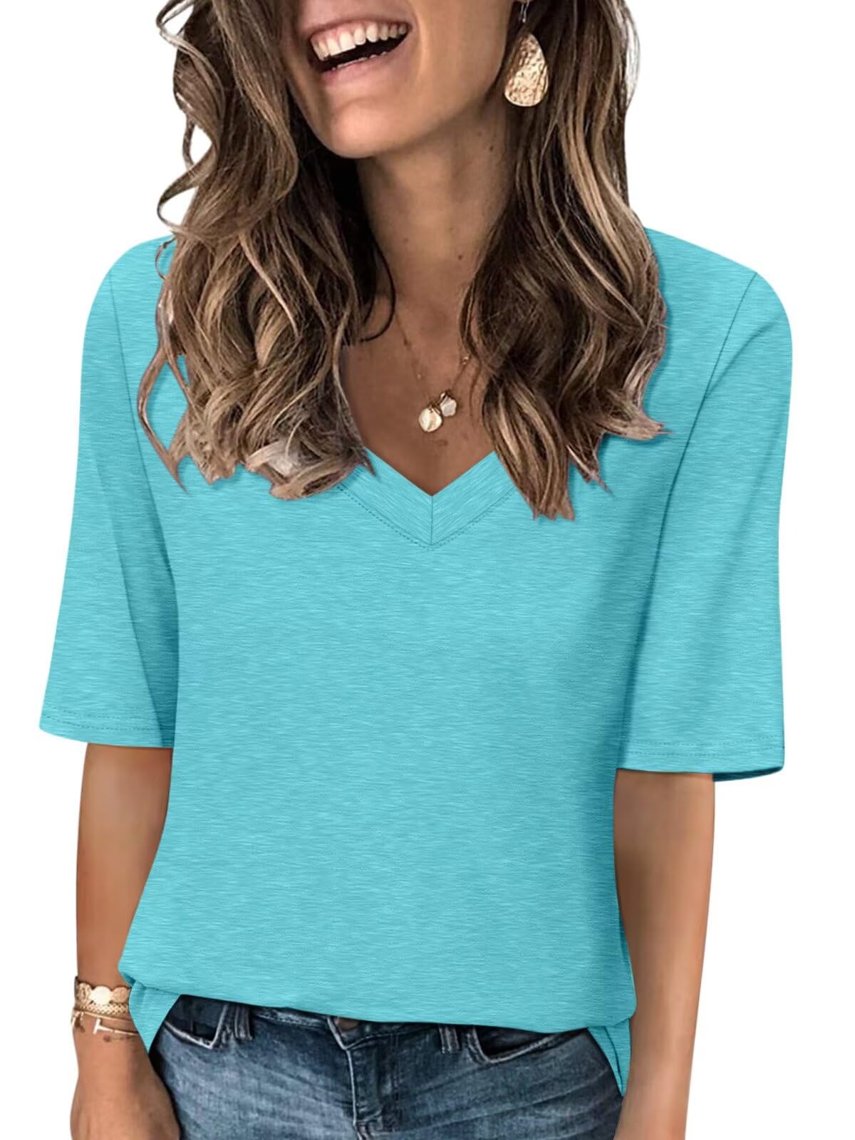 Minetom Women's V Neck T Shirts Casual Half Sleeve Tops Basic Summer Tees