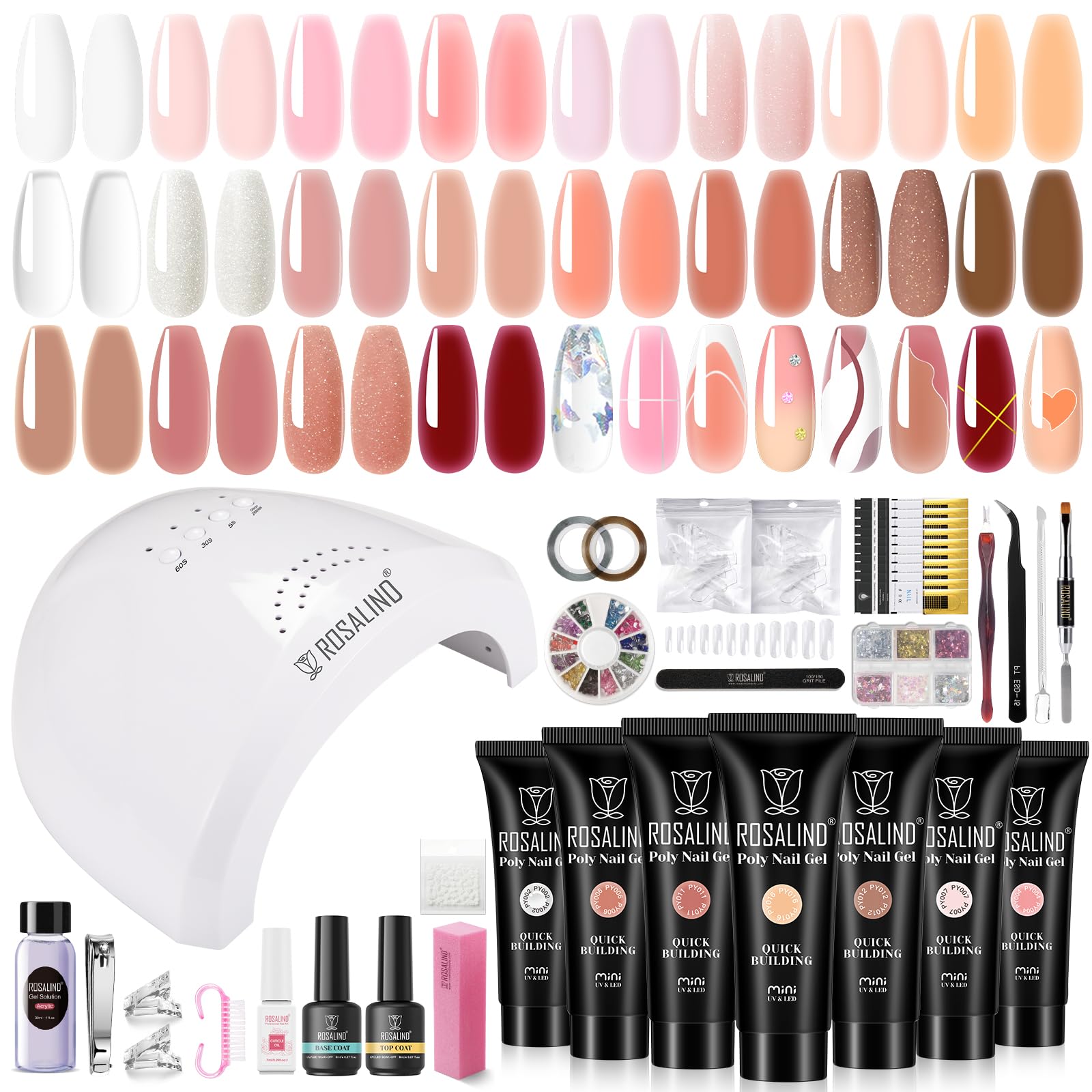 ROSALIND 20PCS Poly Nail Gel Kit with Nail Lamp White Brown Poly Nails Gel Kit Clear Nude Nail Extensions Gel Set With UV Lamp