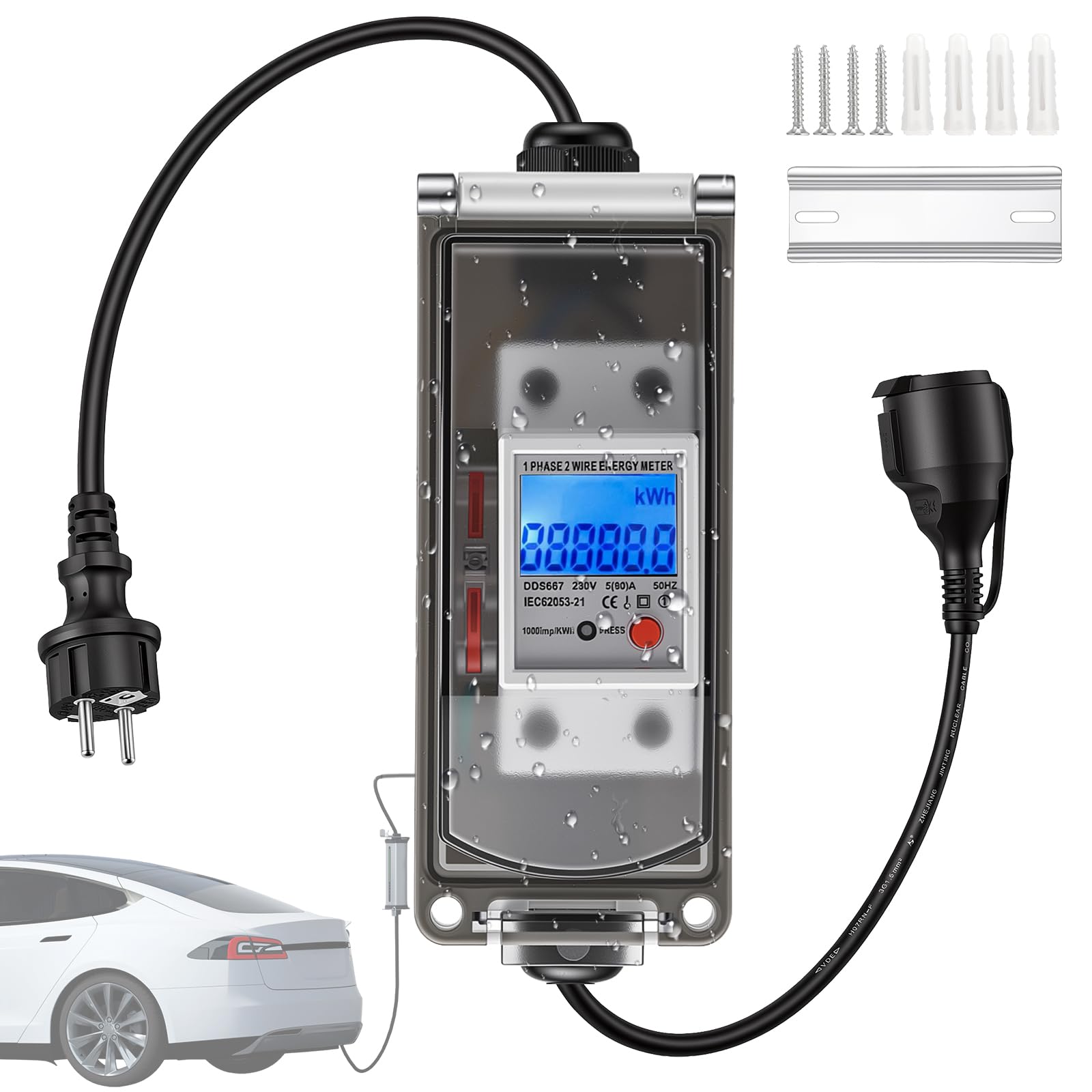 Compteur electrique 230V 16A, wattmetre prise IP65