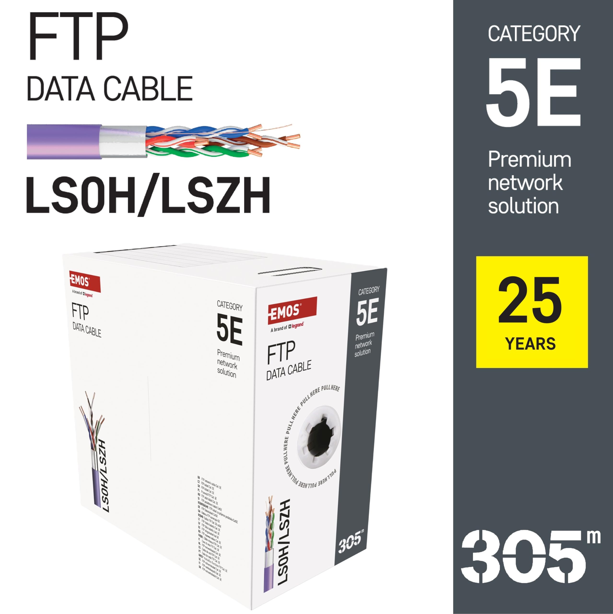 EMOS - FTP kabel sieciowy CAT 5e, 305 m, PCW LSZH - CAT5e kabel krosowy FTP - Gigabit LAN - ekranowany kabel Ethernet - do użytku wewnątrz pomieszczeń