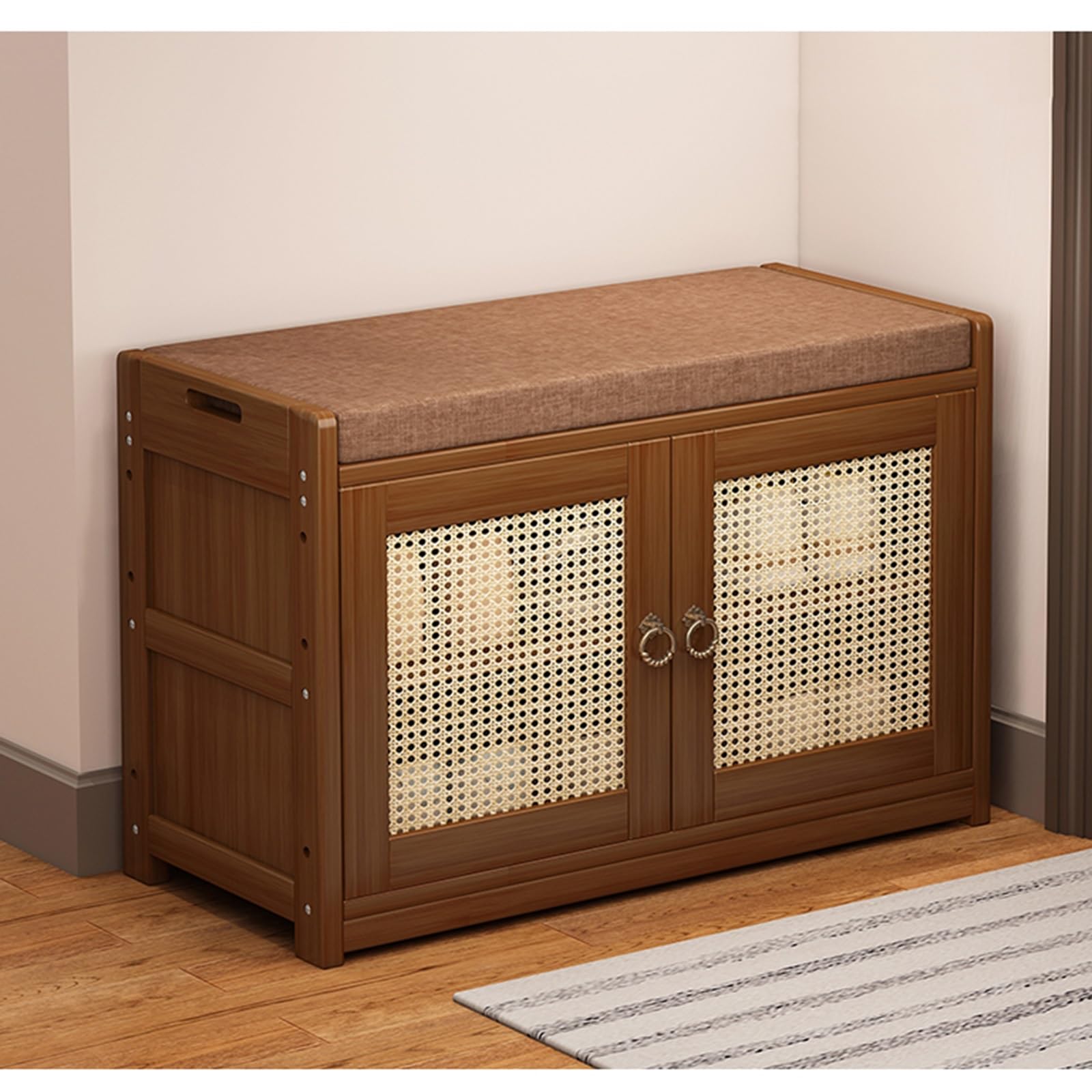 LWJSOCP Bamboo Shoe Storage Bench with 2 Doors Stylish Entryway Shoe Rack and Seating Solution Perfect for Mudroom and Entry Hall nization