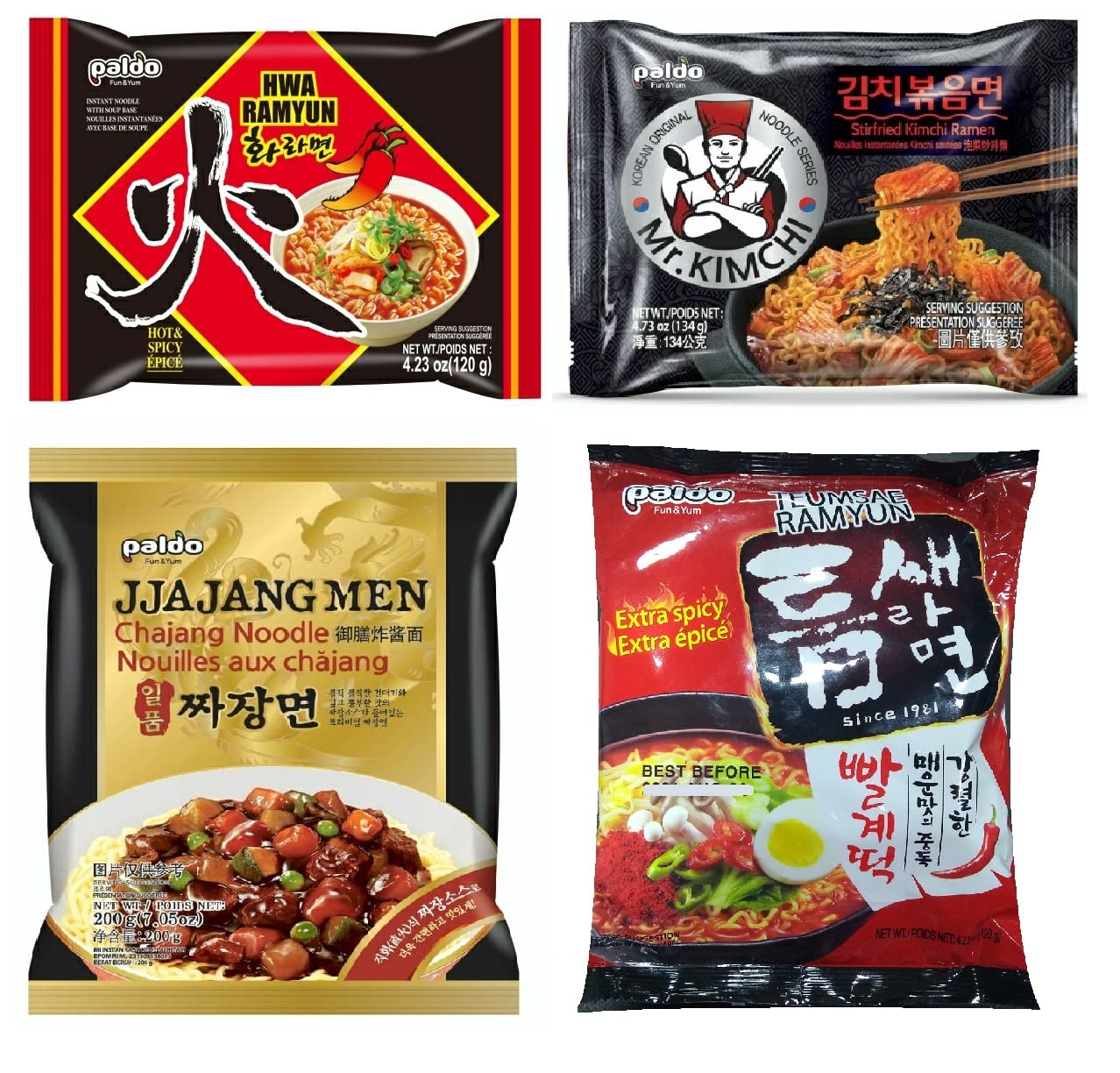 Fun and Yum Korean Noodles Combo Vegetarian , 4 Packs | Mr. Kimchi 1 Pack, Jjajangmen 1 Pack, Spicy Teumsae Ramyun 1 Pack, Spicy HWA Ramyun 1 Pack