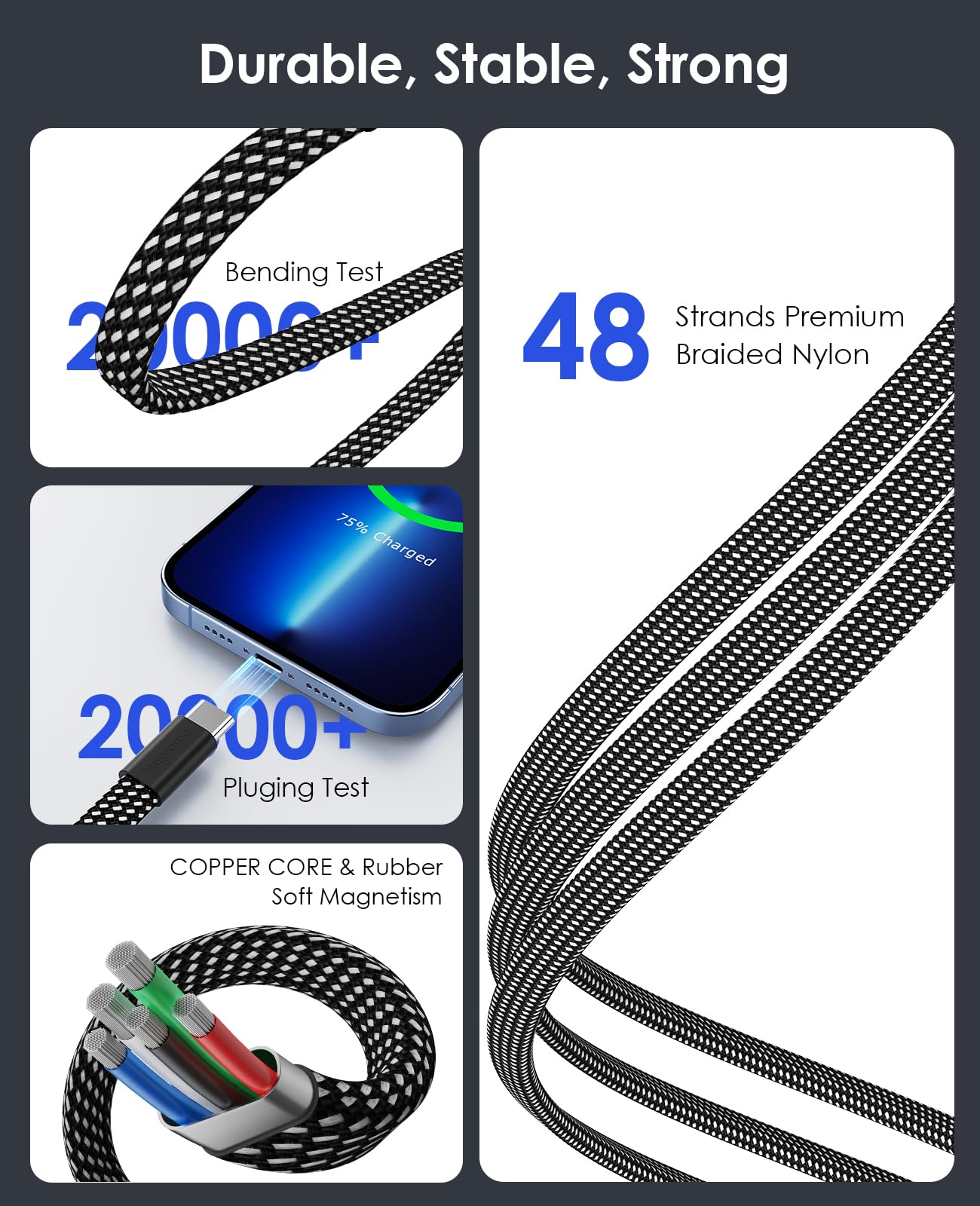 Magtame Cavo USB A a USB C, cavo di ricarica magnetico piatto, cavo USB C, cavo retrattile da 1 m, cavo USB C flessibile, compatibile con Phone 15 Pro Max, Samsung, Pad, nero