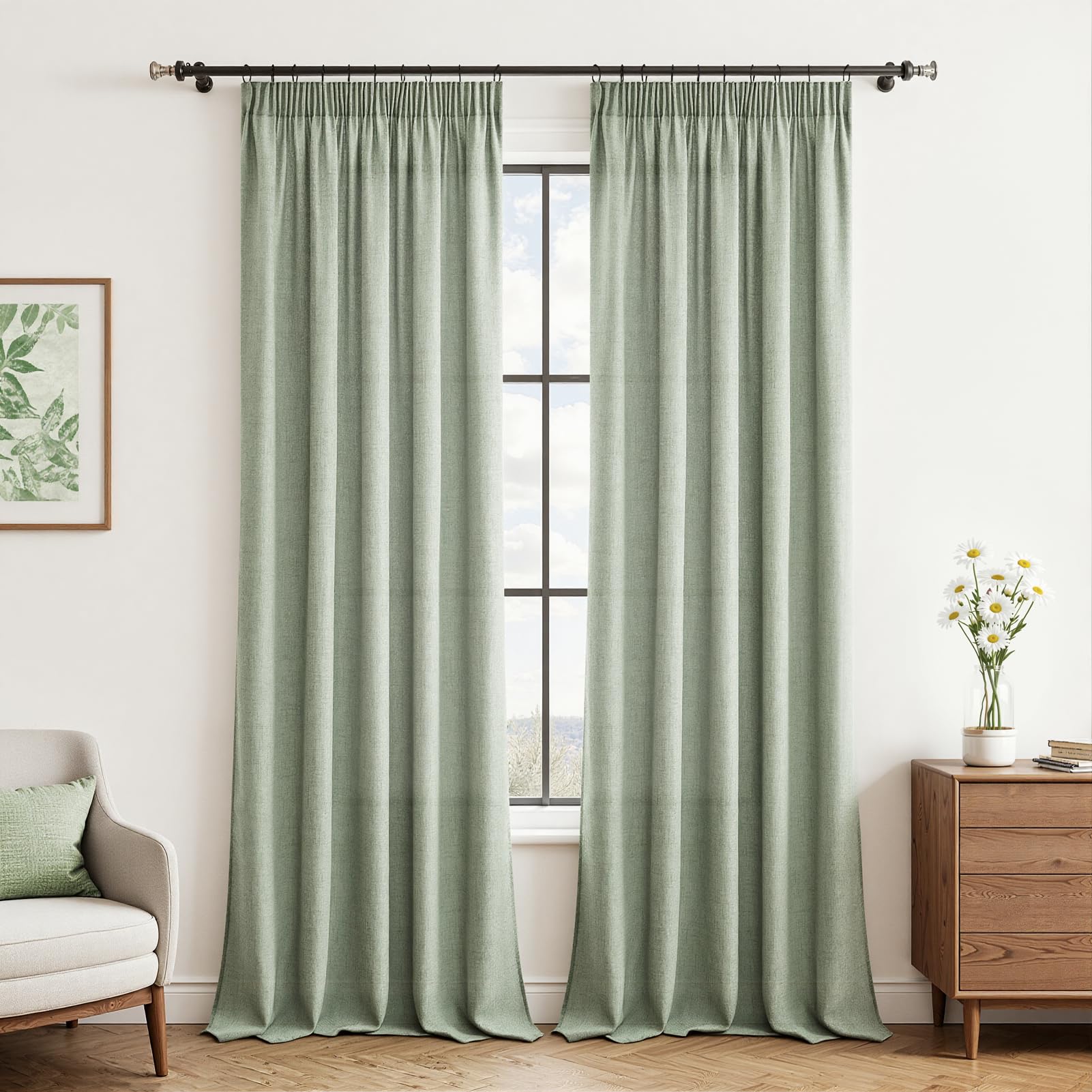 CUTEWIND Vorhänge Grün Leinen Vorhänge mit Haken Schlafzimmer Vorhänge 2er Set 245 cm Hoch 140 cm Breit, Vorhang Halbtransparente Gardinen Salbeigrün für Fenster Wohnzimmer Kinderzimmer Leinenoptik