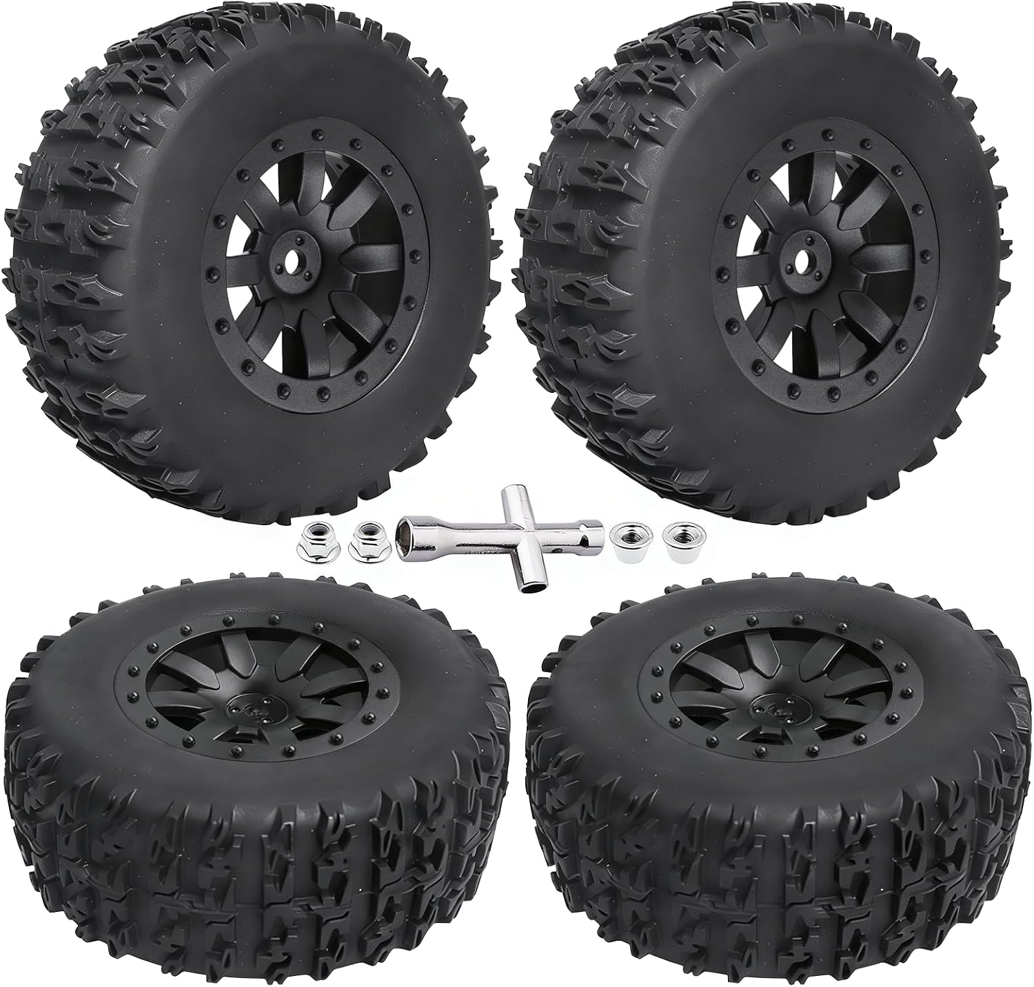 Pre-Glued 1/10 RC Short Course Truck Tires and Wheels Set 12mm Hex for Traxxas Slash 4x4 BL-2S 2WD Redcat Blackout SC Losi SCT Team Associated SC10 HPI, with Foam Inserts (Type 1)