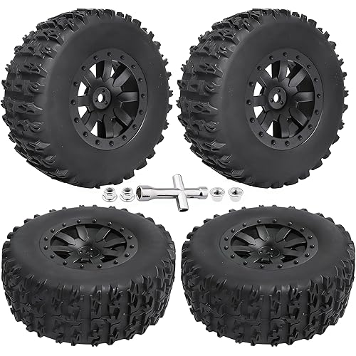 Pre-Glued 1/10 RC Short Course Truck Tires and Wheels Set 12mm Hex for Traxxas Slash 4x4 BL-2S 2WD Redcat Blackout SC Losi SCT Team Associated SC10 HPI, with Foam Inserts (Type 1)
