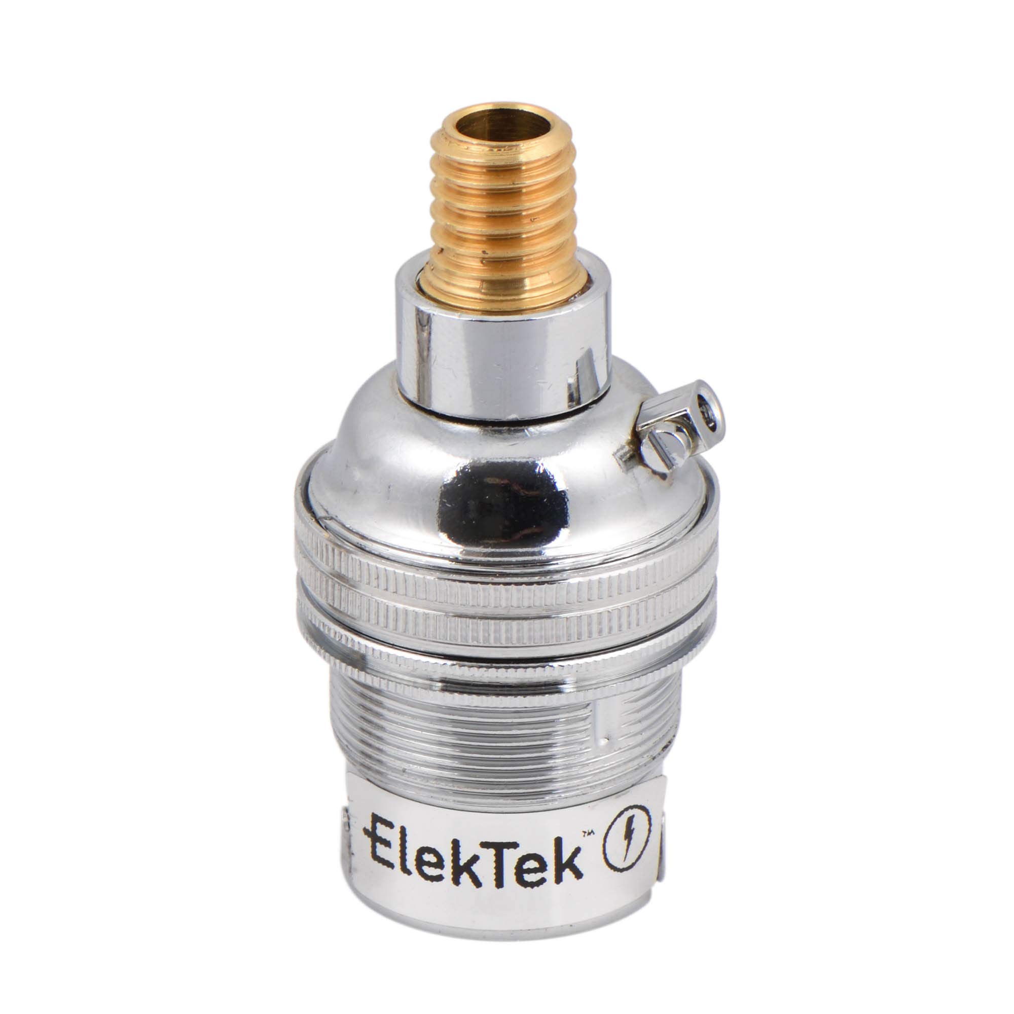 ElekTek Unswitched Lamp Holder Chrome B22 BC Bayonet Cap & Shade Ring with CNC Solid Brass 7/16th Screw-in Wood Mount - Made in UK