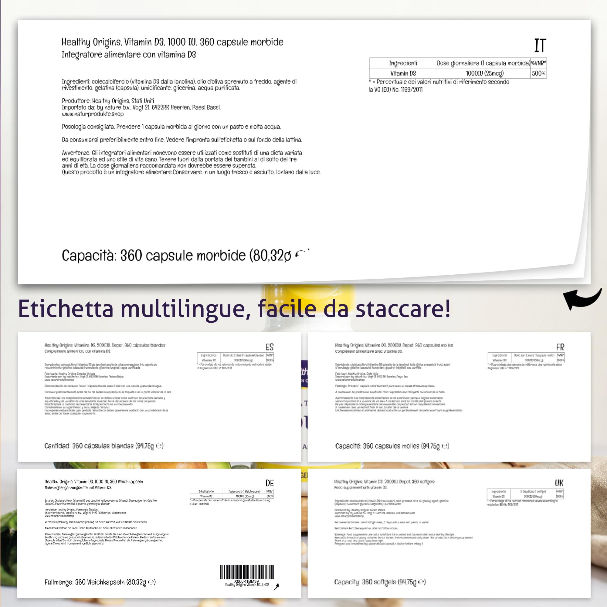 Healthy Origins, Vitamina D3, 1.000IU, 360 Capsule, Testato in Laboratorio, Altamente Dosato, Senza Soia, Senza Glutine, Non OGM