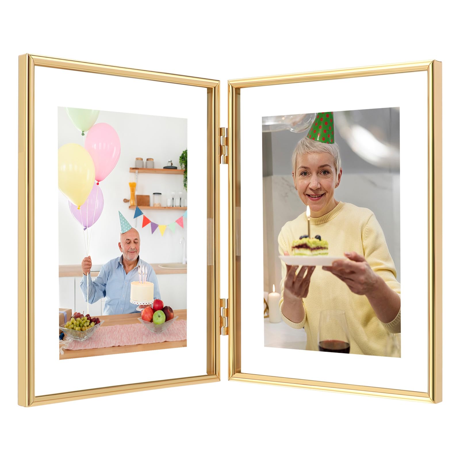 AhaGo Folding Gold Floating Picture Frame With Hinge, 6"×8", Vertical, Classy For Mother's Day, Wedding, Birthday, Home or Office Décor