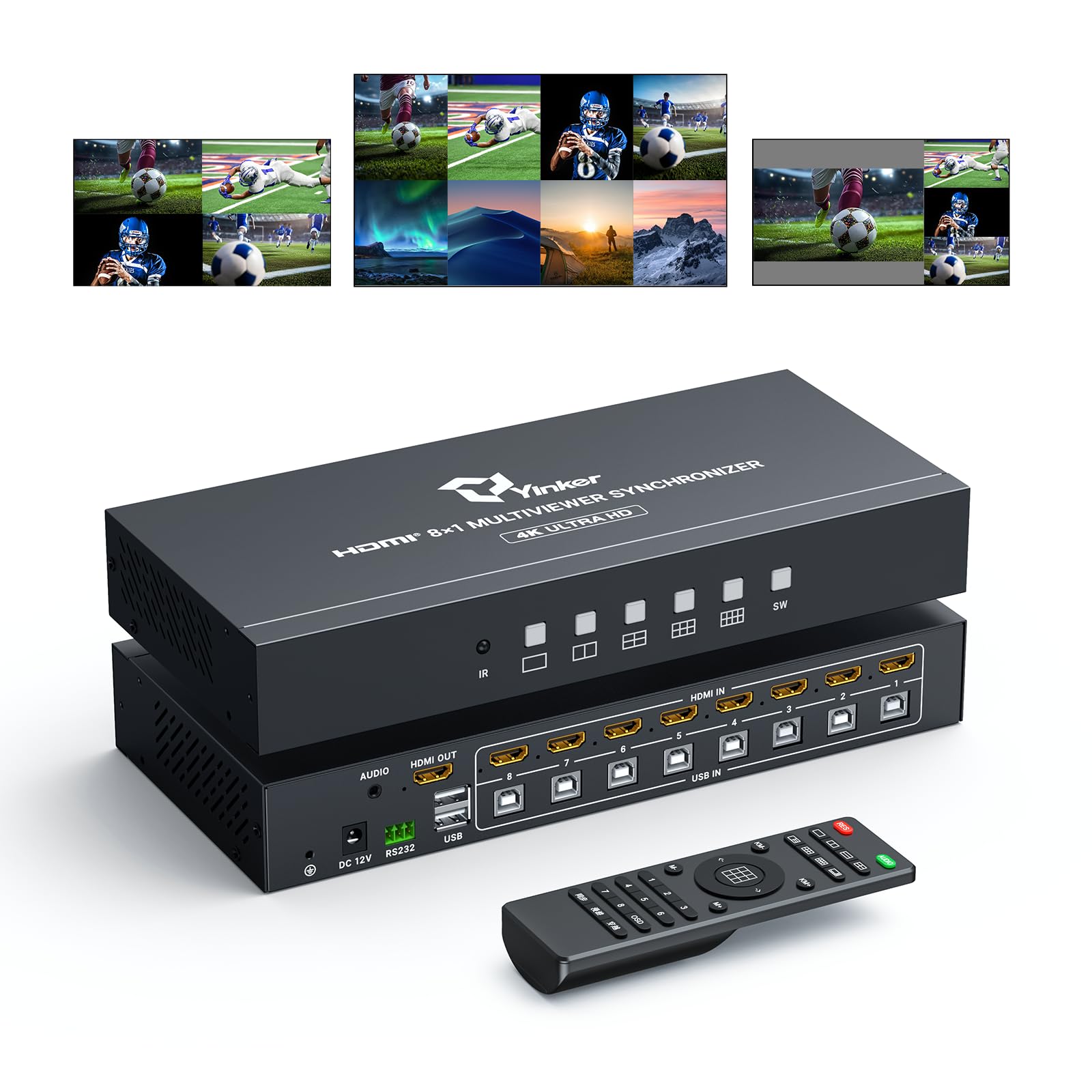 8 Port HDMI KVM Multiviewer, Yinker 8x1 Multiviewer Seamless Switcher unterstützt 4K@30Hz, Pip & POP Tastatur Hotkey Switch 3.5mm Audio Ausgang