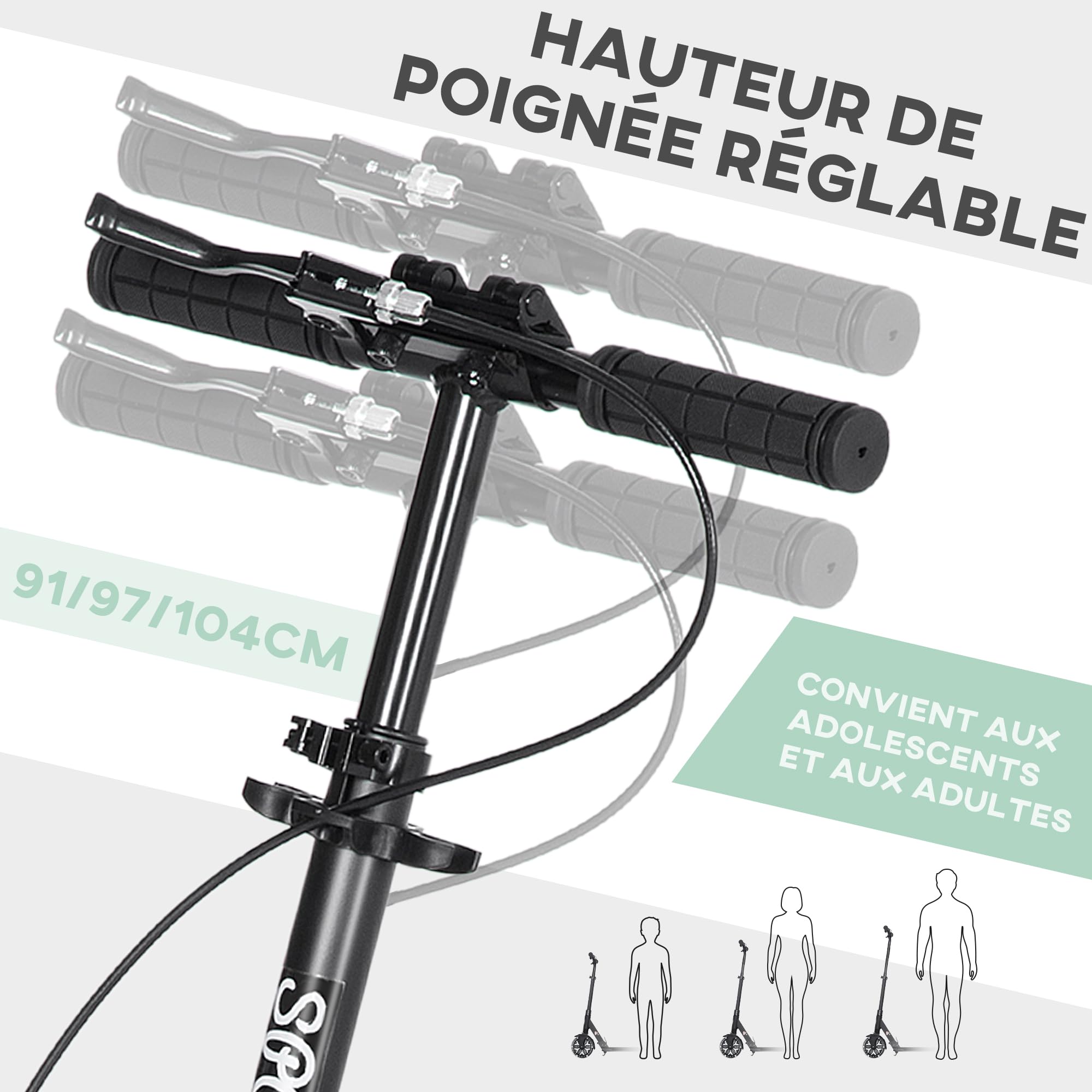HOMCOM Trottinette Pliable Ados Adultes +14 Ans Guidon Réglable Vert | Amortisseur, Double Frein, Grandes Roues de 20 cm, Aluminium