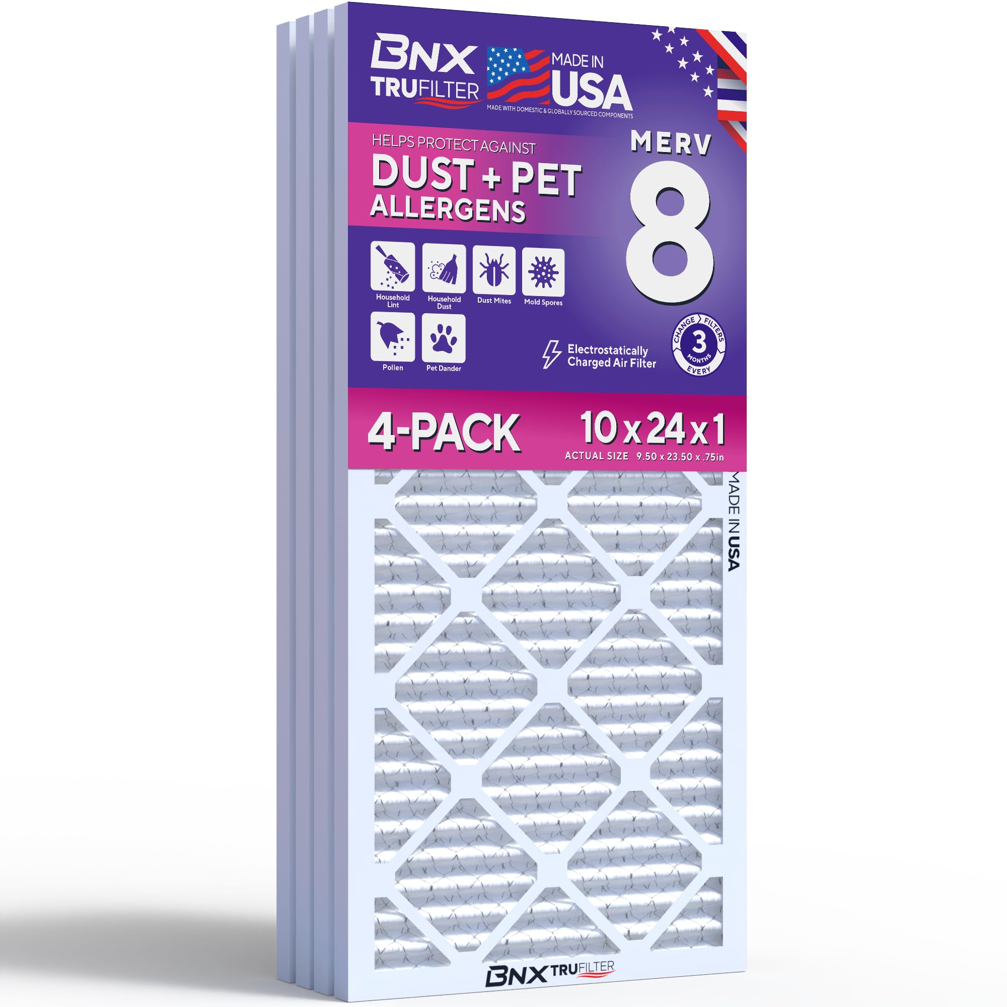 BNX TruFilter 10x24x1 Air Filter MERV 8 (4-Pack) - MADE IN USA – Dust &amp; Pet Defense Electrostatic Pleated Air Conditioner HVAC AC Furnace Filters for Dust, Pet, Mold, Pollen MPR 600 – 700 &amp; FPR 5