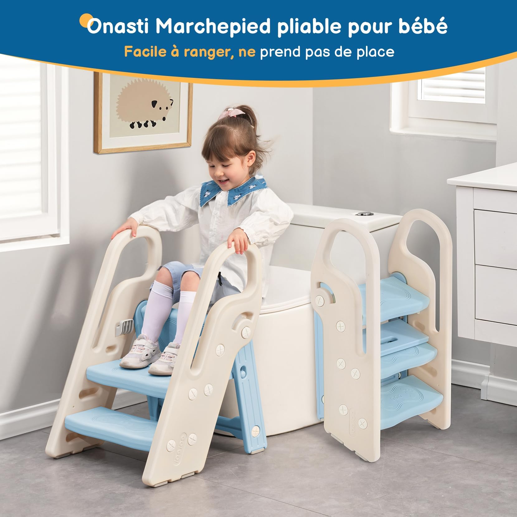 Onasti Sgabello a tre gradini pieghevoli per bambini, Scaletta 3 gradini, Sedile per Addestramento WC, Multifunzione, Regolabile in Altezza, Antiscivolo (Blu)