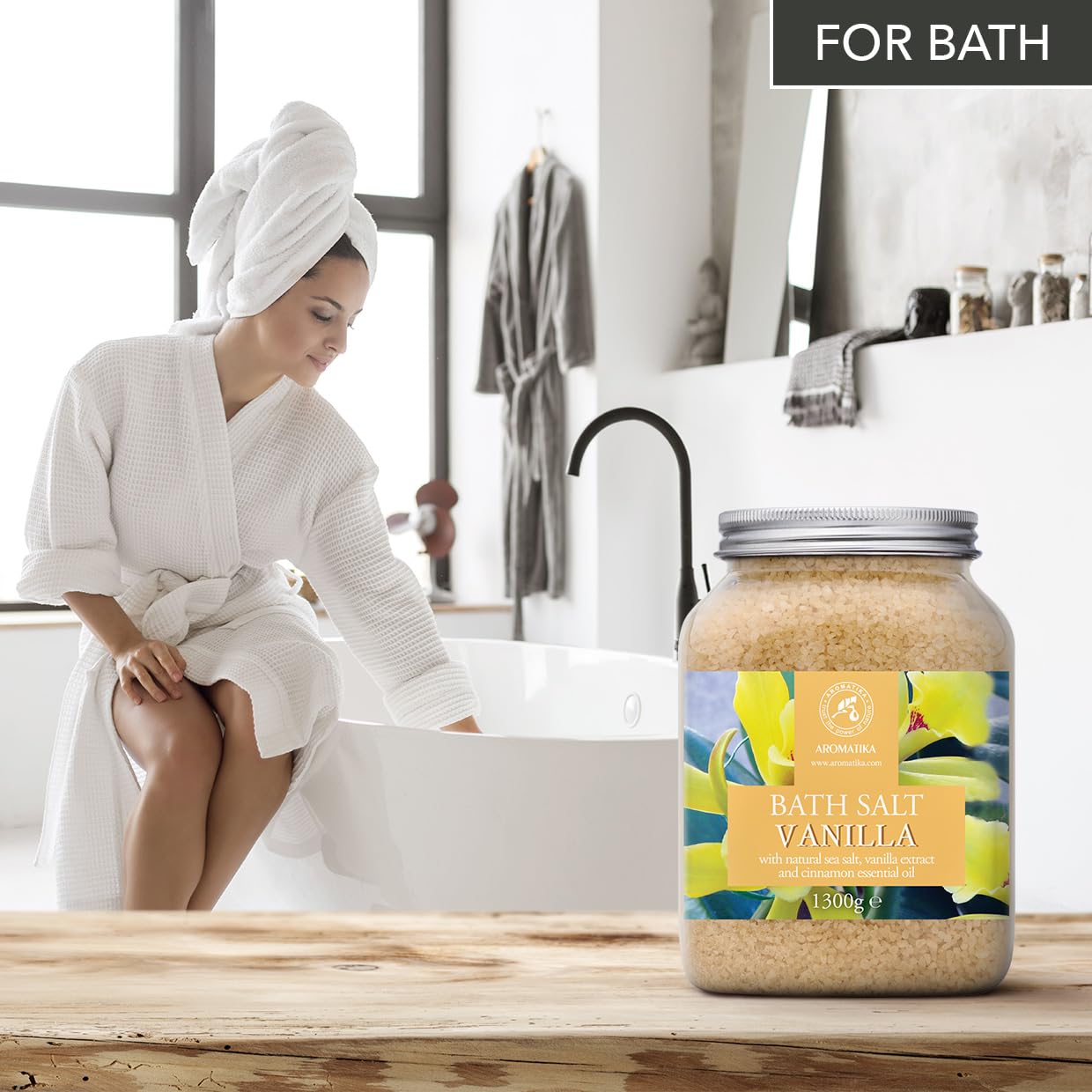 Sal de Baño Vainilla 1300g - Sales de Baño Marinas con Extracto de Vainilla y Aceite Esencial de Canela - Relajación - Belleza - Baños - Cuidado Corporal