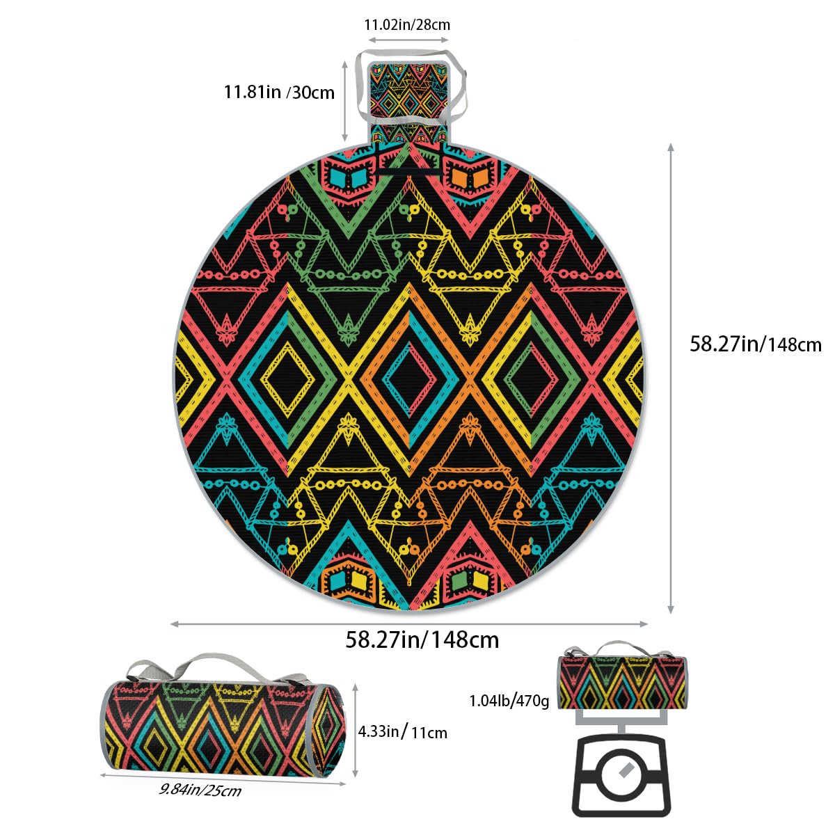 Shimoshe Colorful Aztec Geometric Pattern Picnic Outdoor Blanket Foldable Waterproof Sandproof Beach Blanket Portable Water-Resistant Round Picnic Mat for Travel Camping Park Lawn