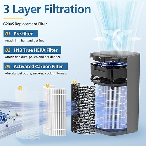 Miniatura 2 de Paquete de 2 filtros de repuesto para purificador de aire G200SG200, filtro de repuesto 3 en 1 H13 True HEPA y filtro de aire de carbón activado