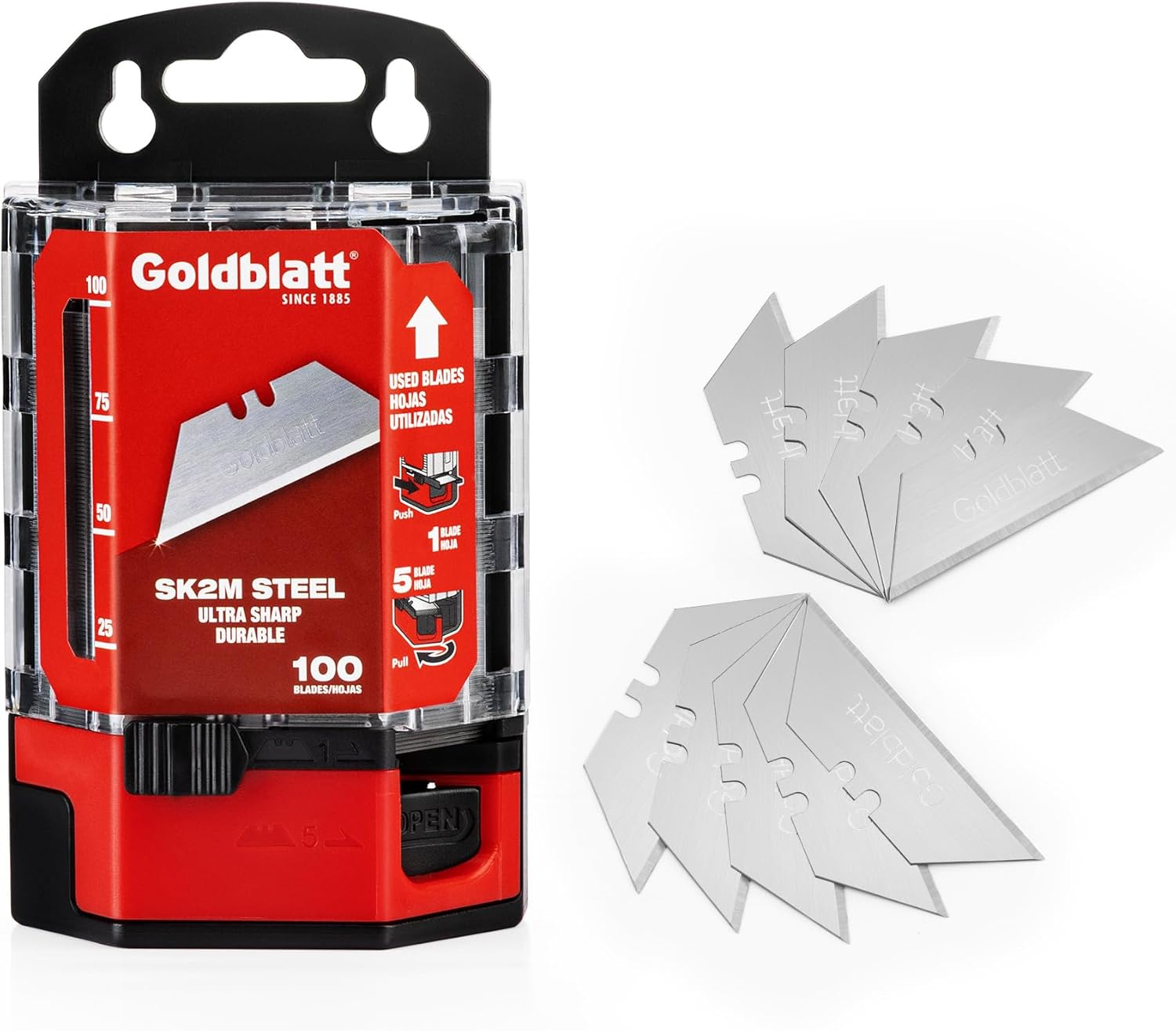 Goldblatt 100-Pack Premium SK2M Steel Utility Blades with Dispenser - 3X Longer Lasting, Razor Sharp for DIY