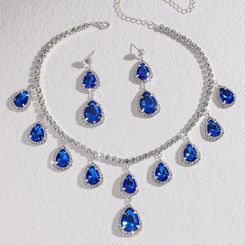 Boho Bridal Wedding Fashion Red Green Blue Shinny Necklace Silver Rhinestones Choker Necklace Earrings Set Dainty Sexy Choker Necklace Halloween Christmas Necklace for Women - Image 4