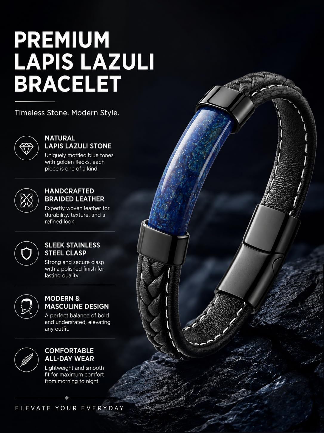 Mens Black Leather Obsidian/Turquoise/Tiger Eye/Red Agate Bracelet–Braided Multi‑Layer Wristband Cuff Bangle Bracelet with Stainless Steel Clasp Gift Jewelry Box Included