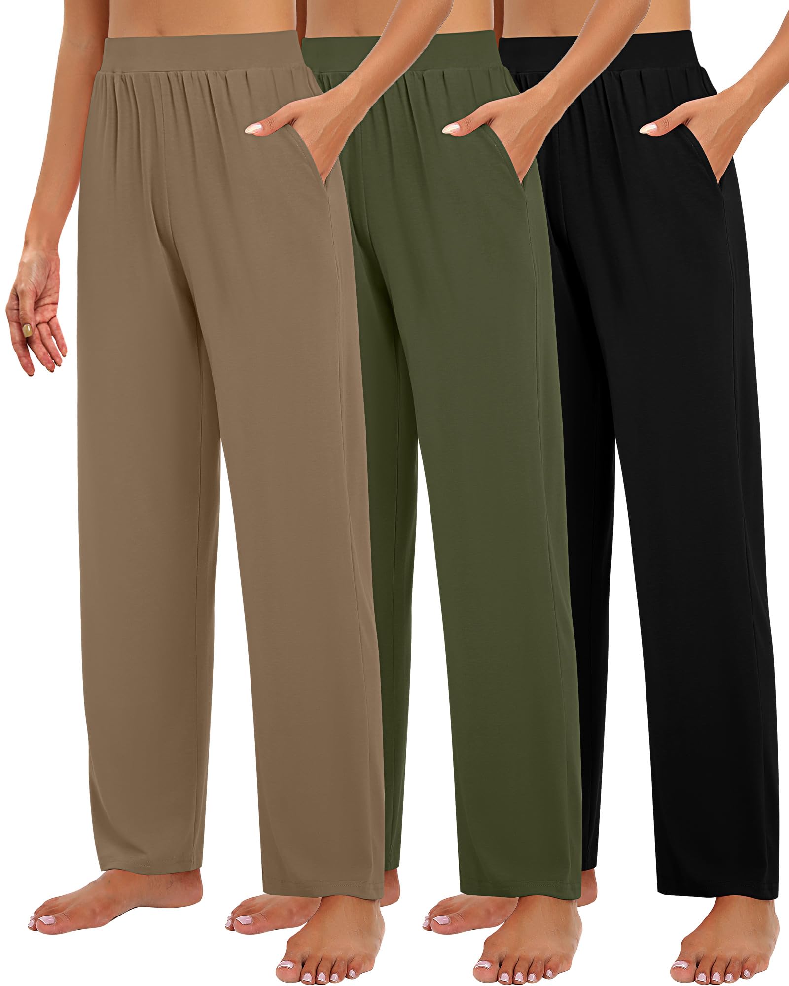 Huukeay 3 Pack Women's Lounge Pants, Cozy Wide Leg Lounge Slacks with Pockets Loose Flowy Yoga Sweatpant Workout Comfy Jogger