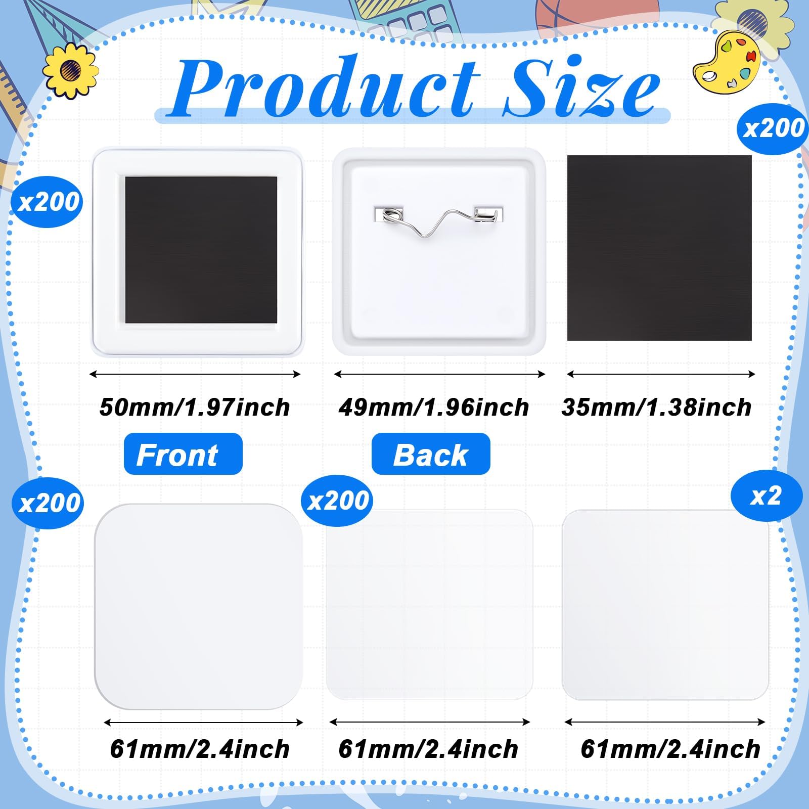 200 Sets 50mm/ 2 Inch Button Press Supplies Square Button Parts DIY Fridge Magnets Craft Set Including Magnet, Metal Cover, Plastic Back Cover, Pins, Transparent Film, Blank Paper
