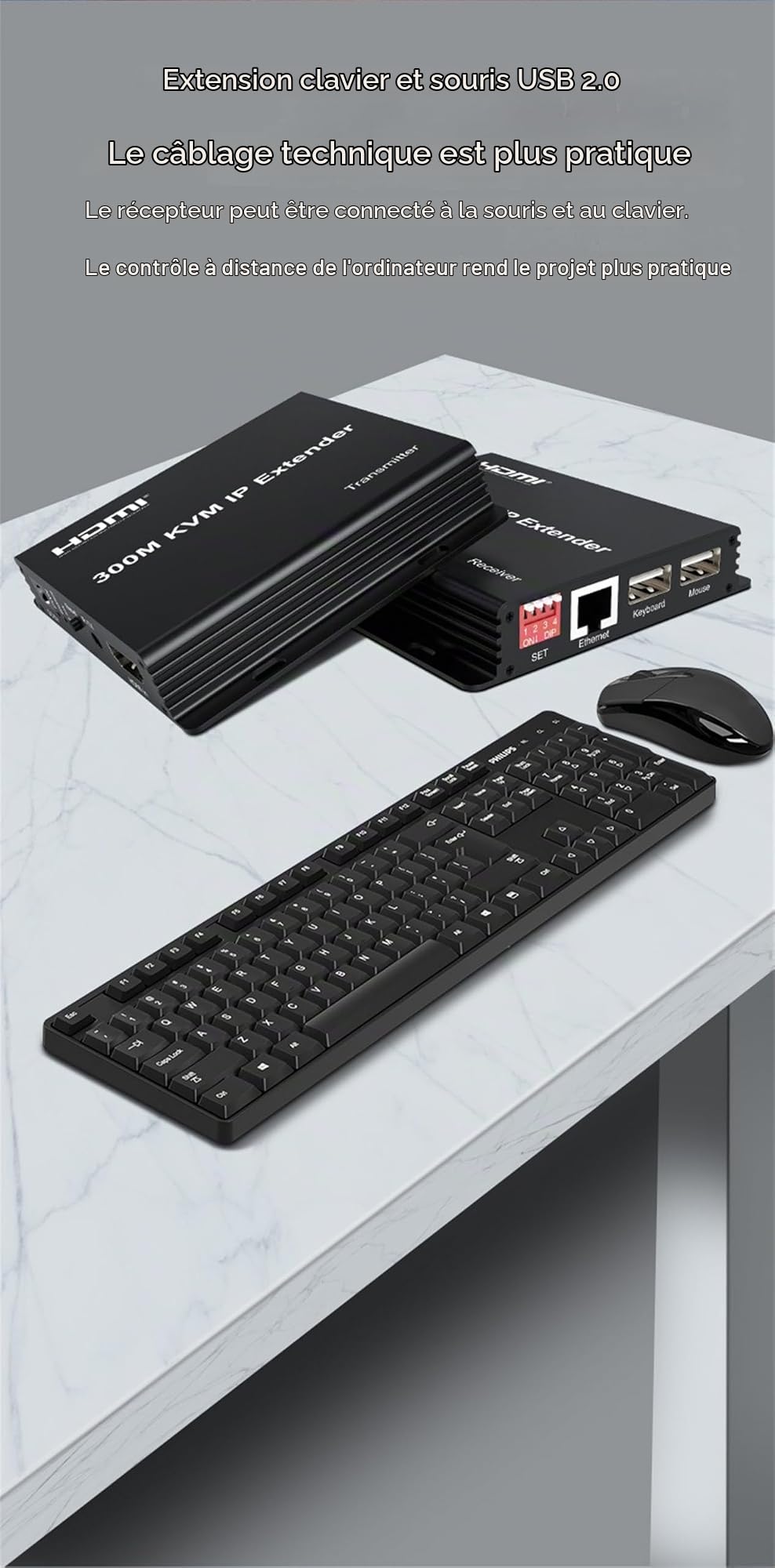 300M HDMI KVM IP Extender sur RJ45 Cat6 avec Câble Ethernet 1080p - Multipoint Connect Network Switch Support PC DVR TV Souris Clavier