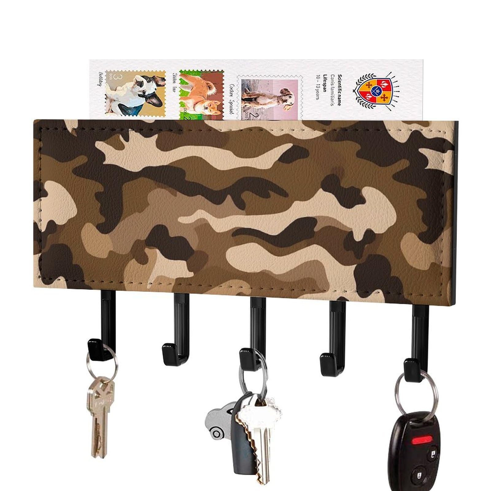 Fekiloot Black Brown Camouflage Key Holder For Wall Adhesive, No Drilling, Key Hooks With 5 Hooks Wall Mounted, Self Adhesive Keys Rack For Entryway, Hallway, Living Room, Kitchen, Office