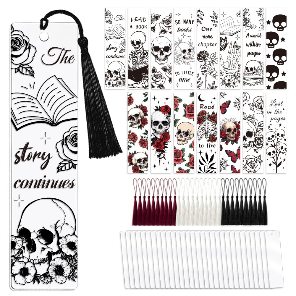 Peacoblue 90pcs Skull and Flower UV DTF Bookmark Making Kit for Women Men Kid Adult, DIY Personalized Bookmarker Decal Stickers Warps Set for Students Teachers Book Lovers Bookish Reading