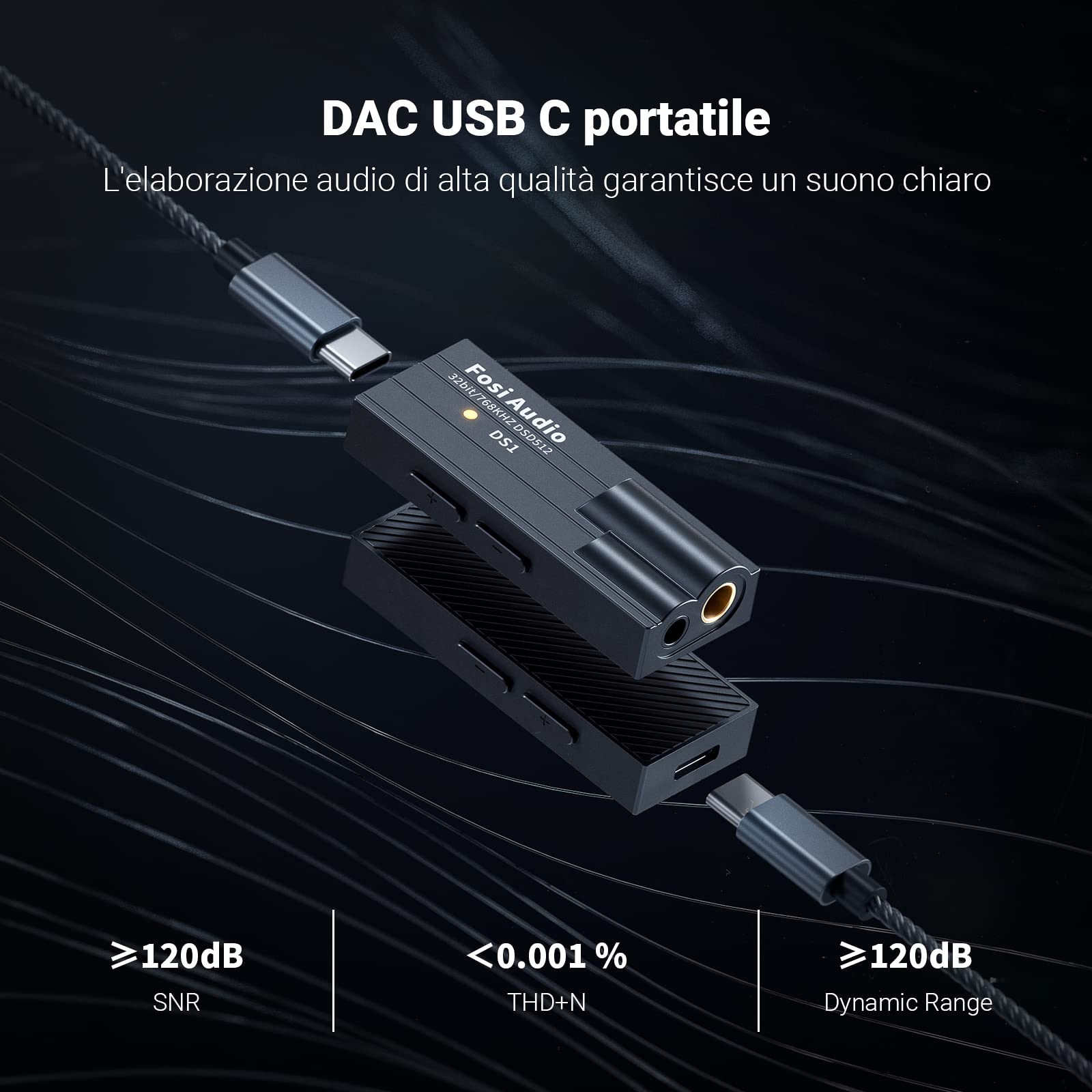 Fosi Audio DS1 DAC Amplificatore Cuffie USB C Hi-Res 32bit/768kHz Uscite Doppie 4,4/3,5mm 16-300Ω Portatile ESS ES9038Q2M