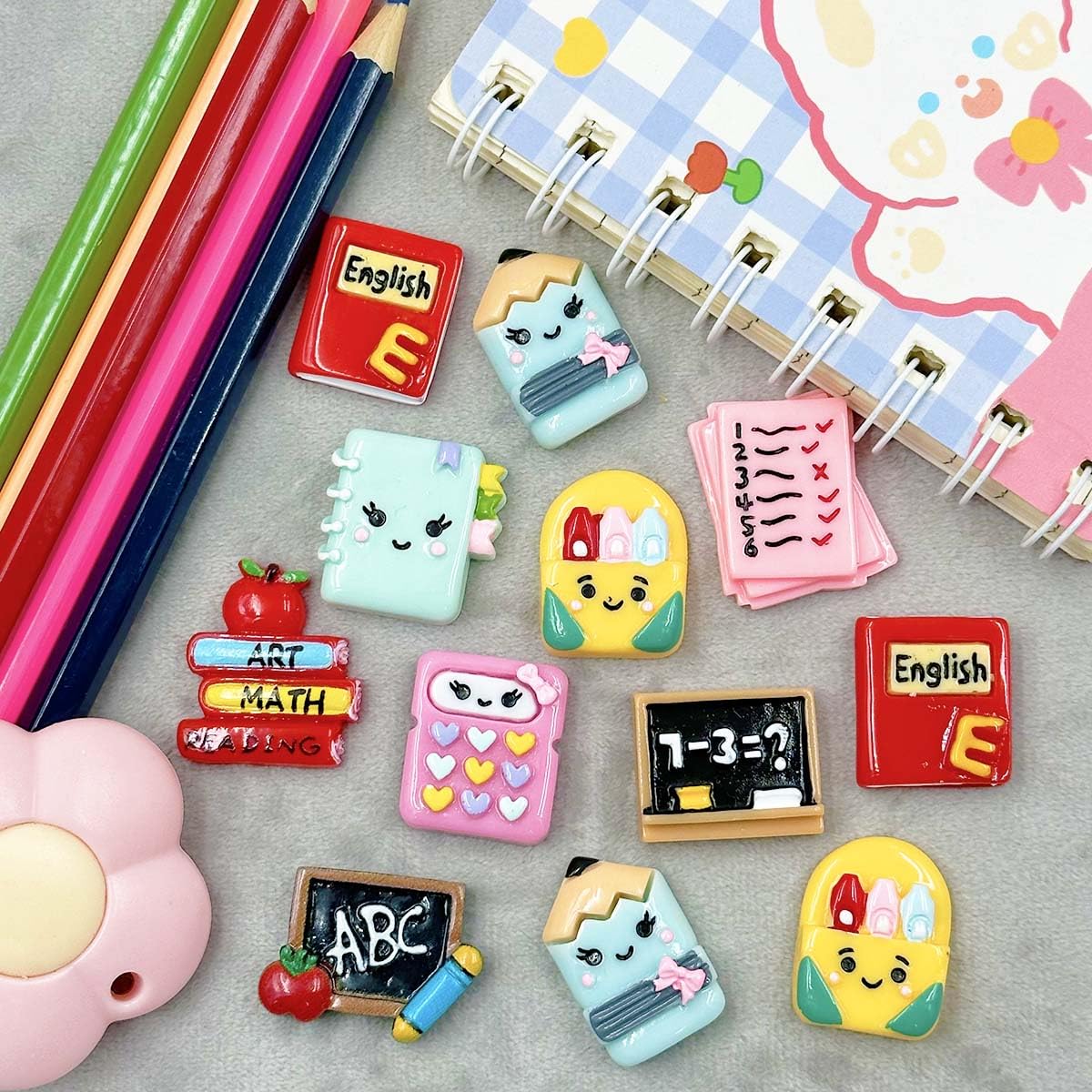 Back to School Flatback Resin Charms, 36Pcs School Supplies Teacher Charms Resin Embellishments Cute Cartoon Pencil Apple Cabochons for Stationery Theme Decorations Scrapbooking Hair Clips DIY Crafts - Image 2