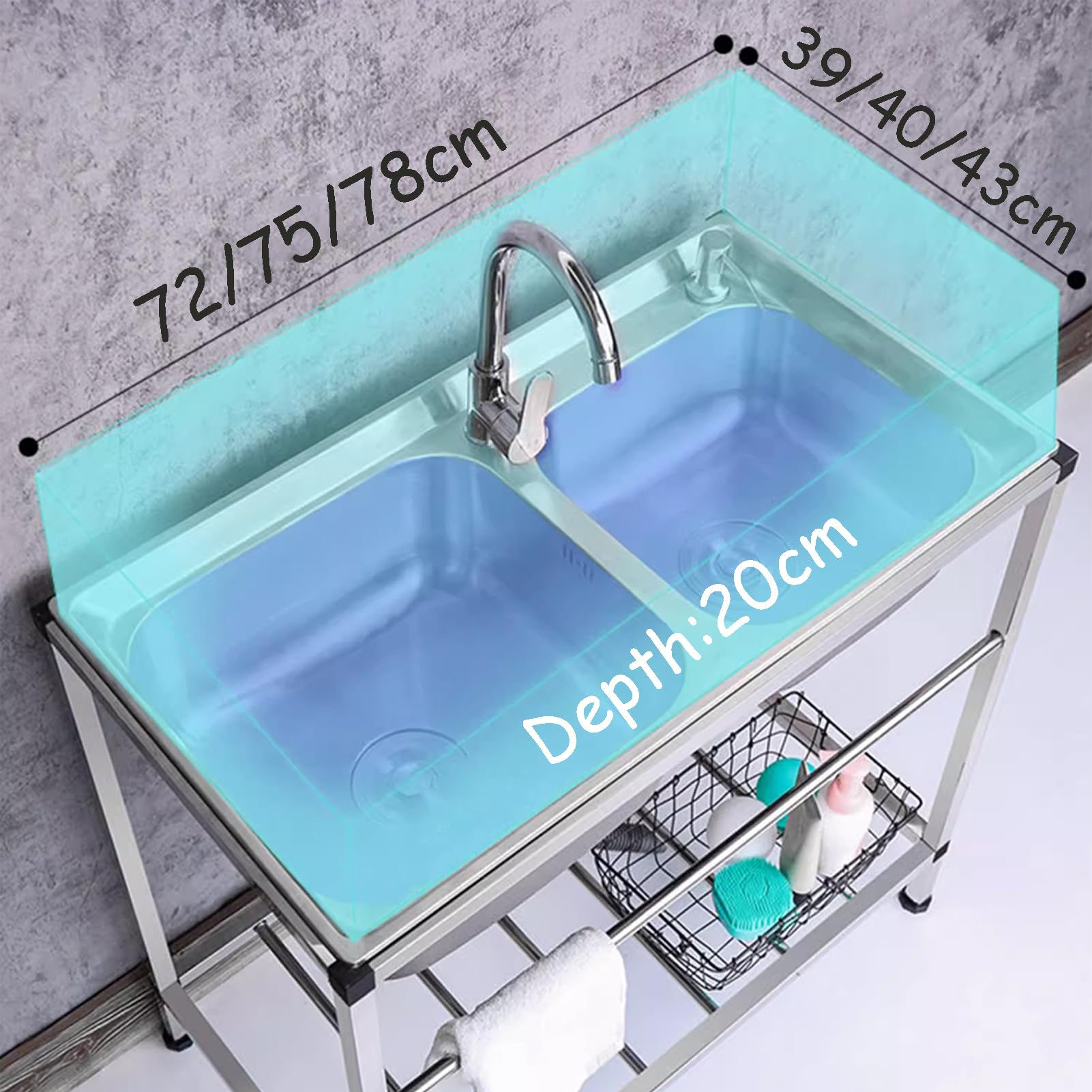 Fregadero utilitario de Acero Inoxidable para Cocina Comercial con Kit de Drenaje, Fregadero Doble Independiente con Grifo de Agua fría y Caliente, para Garaje, Restaurante, jardín