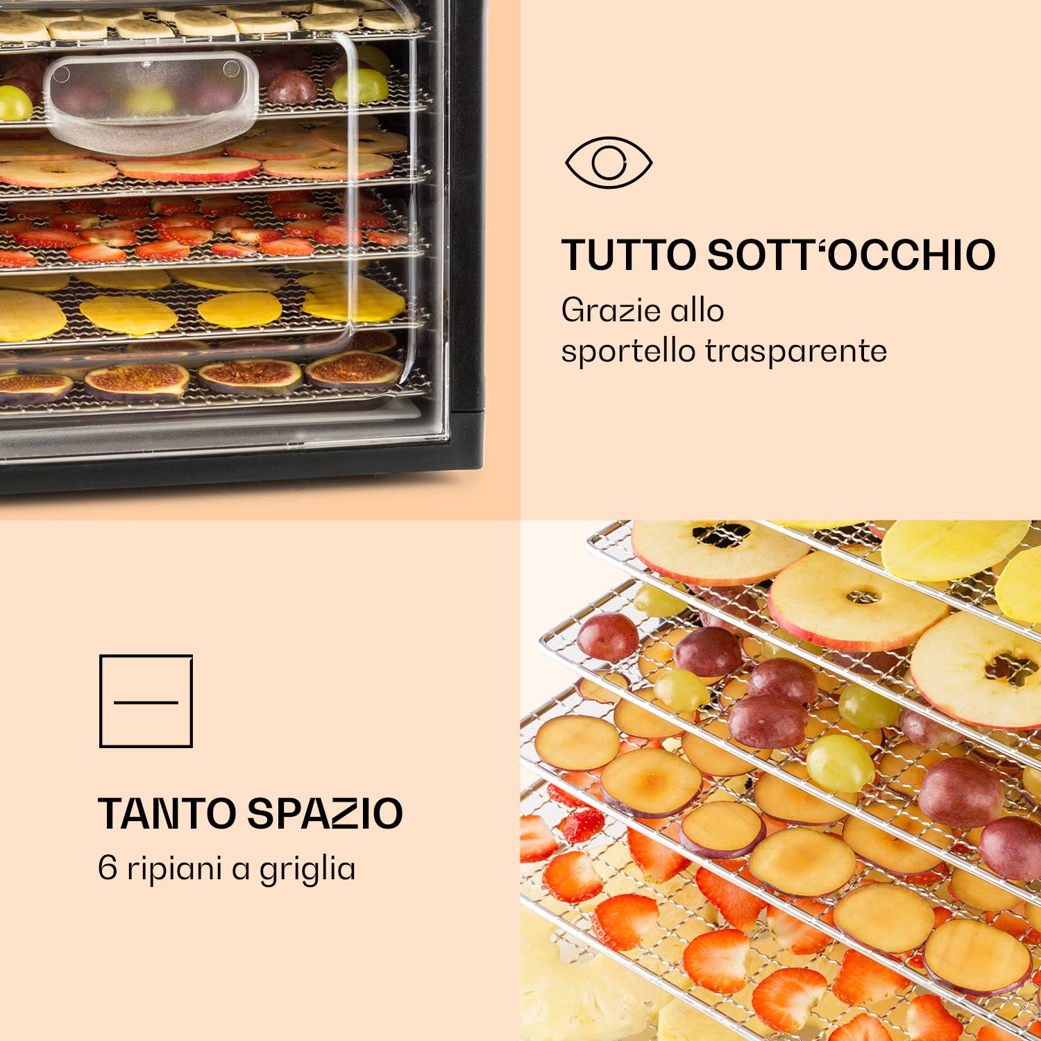 Klarstein Fruit Jerky Plus - Essiccatore Alimentare, Essicatore Alimenti, Frutta, Carne, Verdura, Temperatura Regolabile 35-70 °C, Rivestimento Antiaderente, 420-500 Watt, 6 Ripiani, Nero