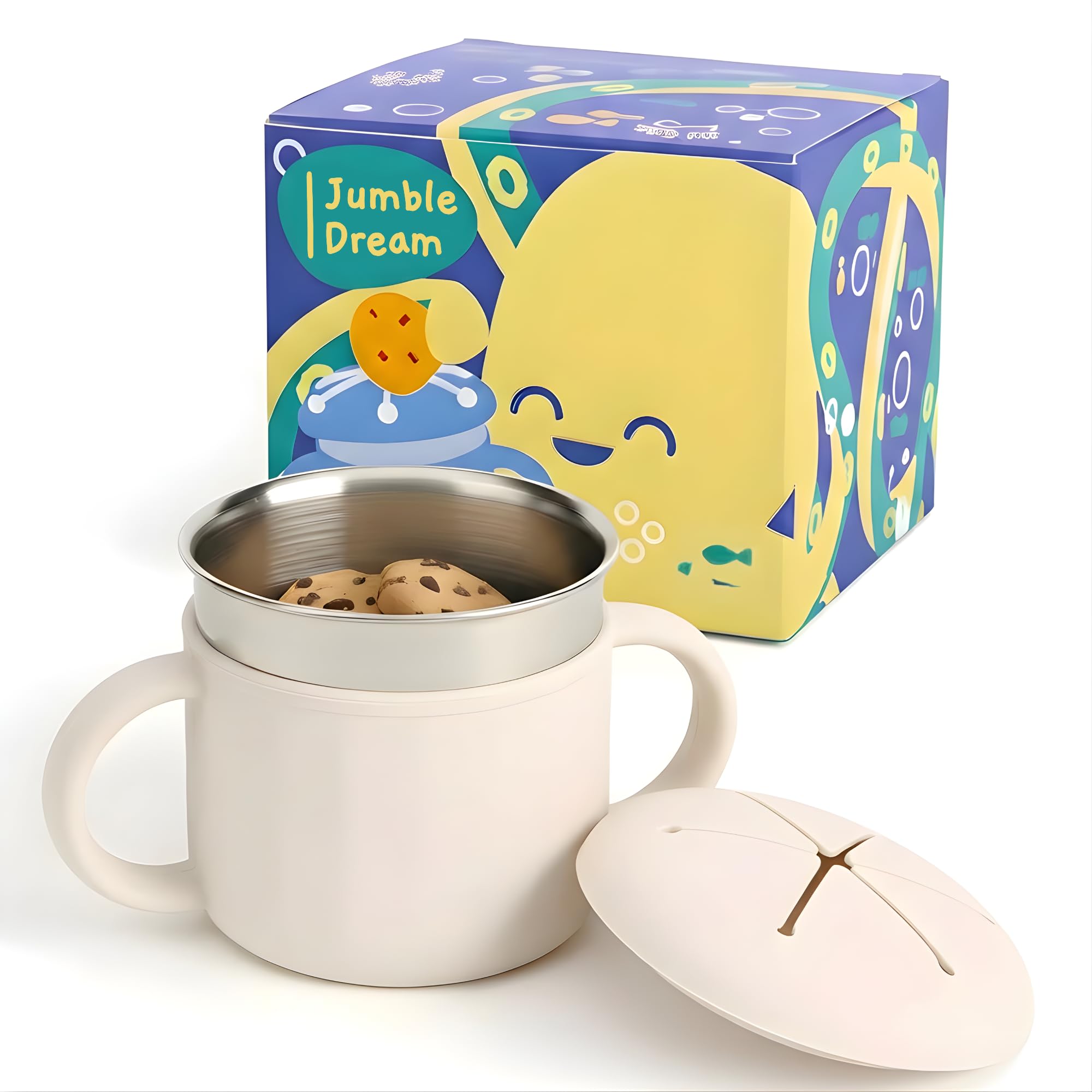 Jumble Dream Stainless Steel Baby Snack Cup for Toddlers Kids โ Spill-Proof Silicone Snack Container โ BPA-Free Non-Toxic Dishwasher Safe Food-Grade Stainless Steel for Baby Snacks 6m+ to 3+ Years