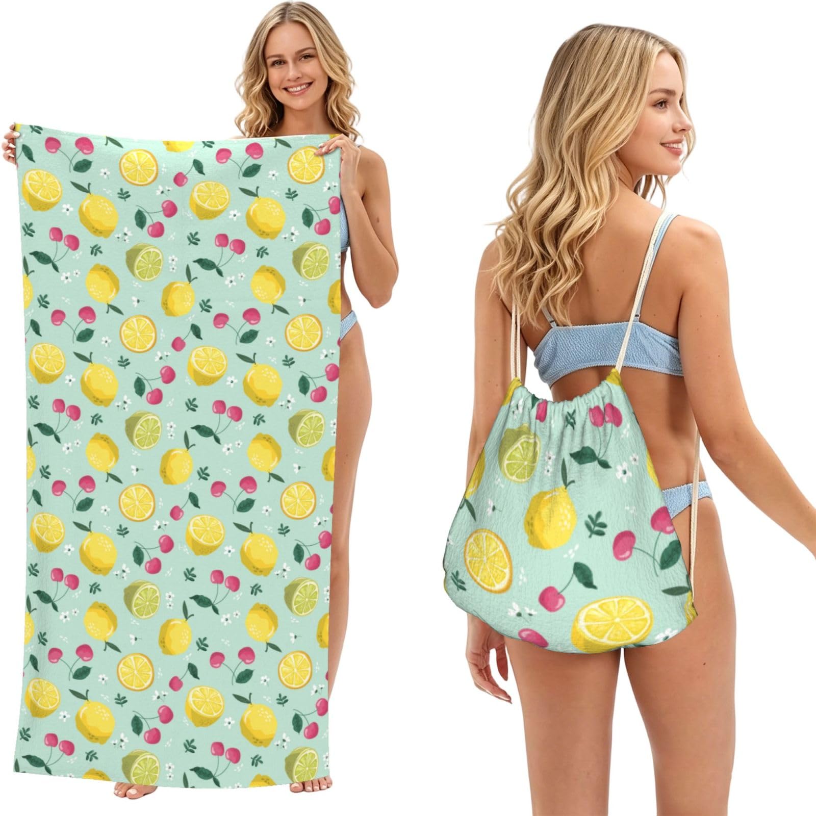 Poadnly As Picture Lemon Cherry Fruit, 2 In 1 Packable Towel Bag, Beach Towels With Drawstring Backpack For Travel Holiday Camping