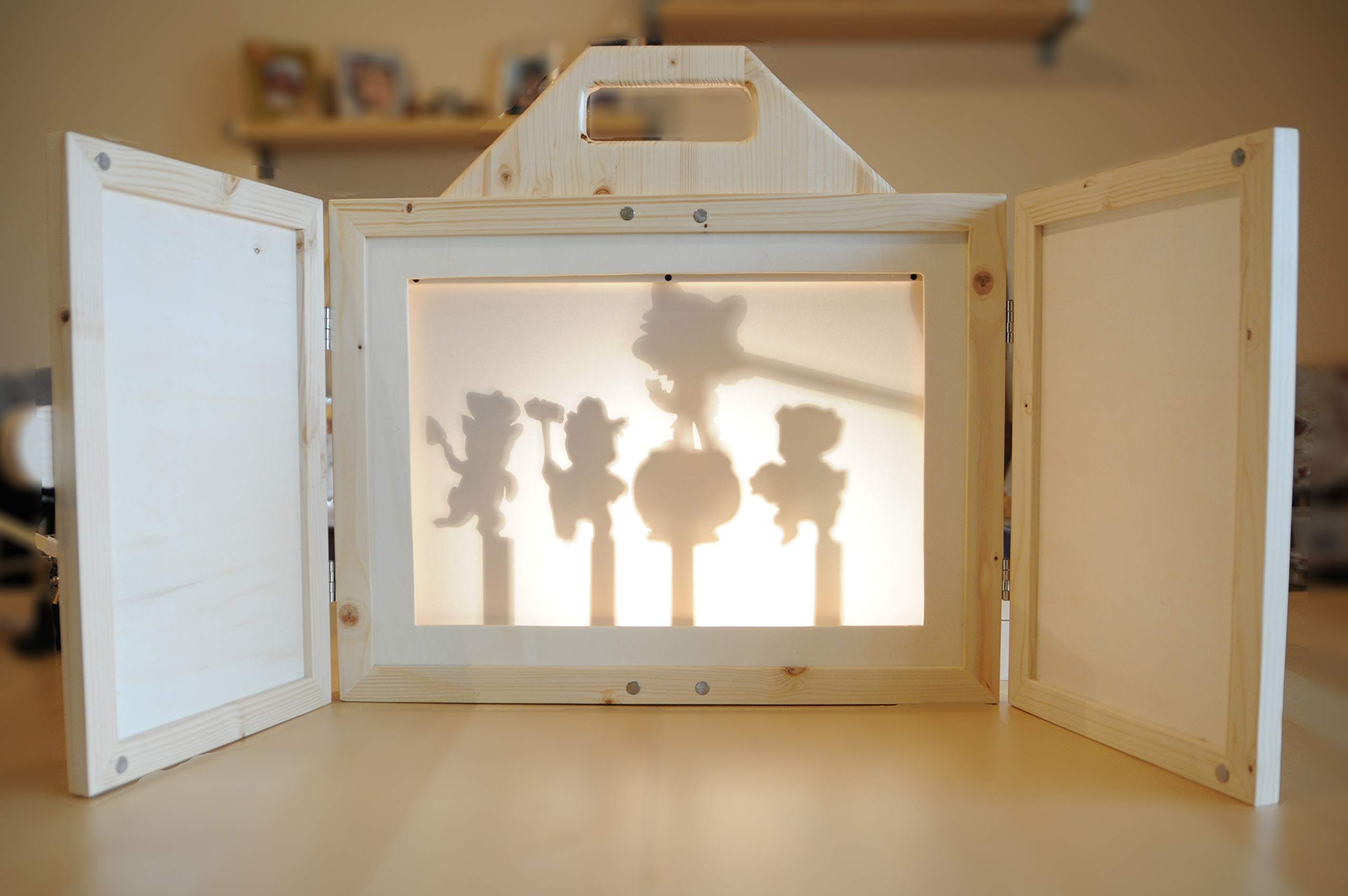 Teatrino in Legno fatto a Mano, Gioco Portatile per Bambini. Kamishibai. Teatro Giapponese delle Ombre + Scatola con Personaggi, Marionette in Legno "Favola I Tre Porcellini".