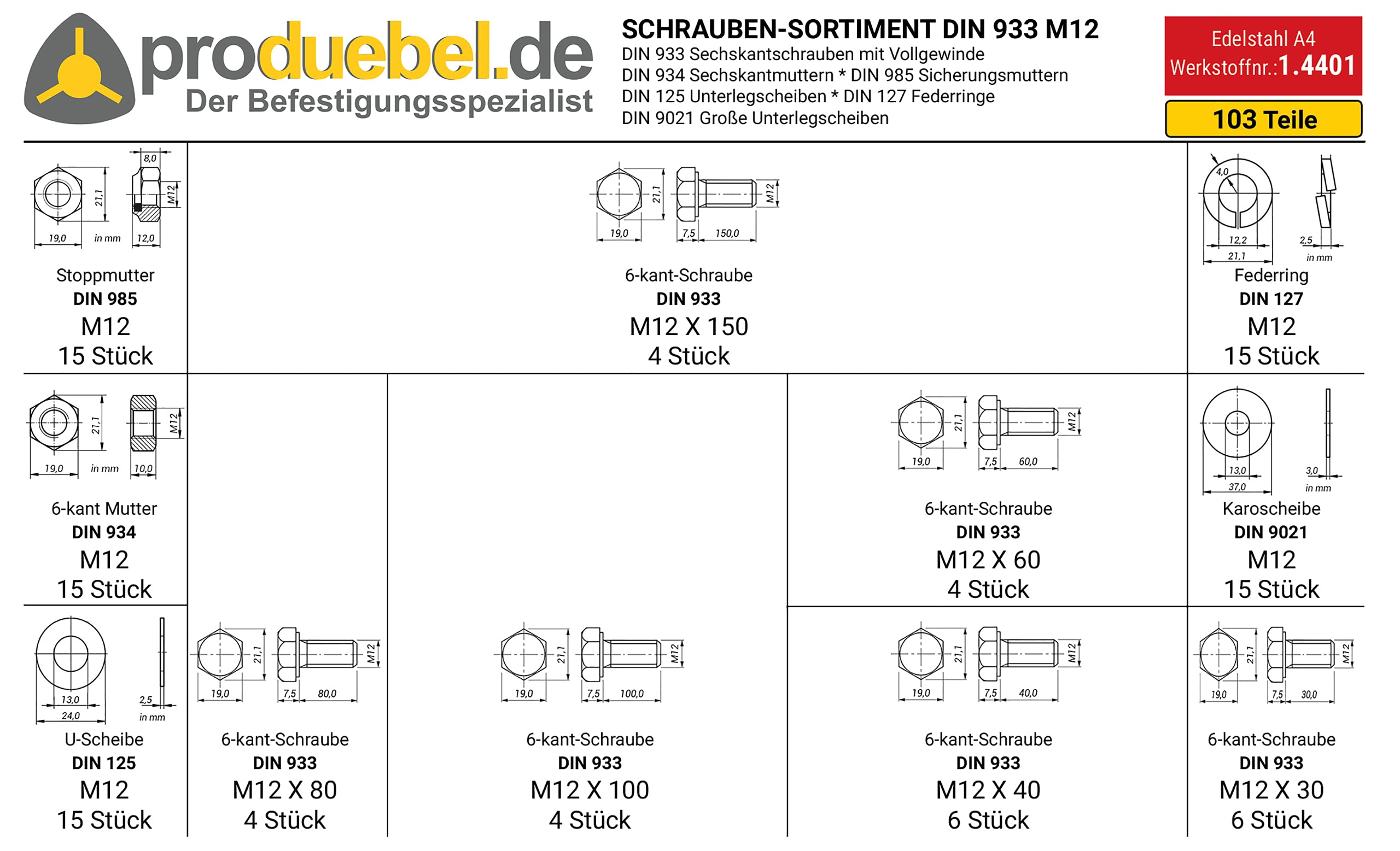 Sortiment Sechskantschraube Gewinde bis Kopf DIN 933 Edelstahl A4 V4A inkl. Schraube+Mutter+Stoppmutter+U-Scheibe+Federring+Große U-Scheibe (DIN933+934+985+125+127+9021) (M12 103 Teile)