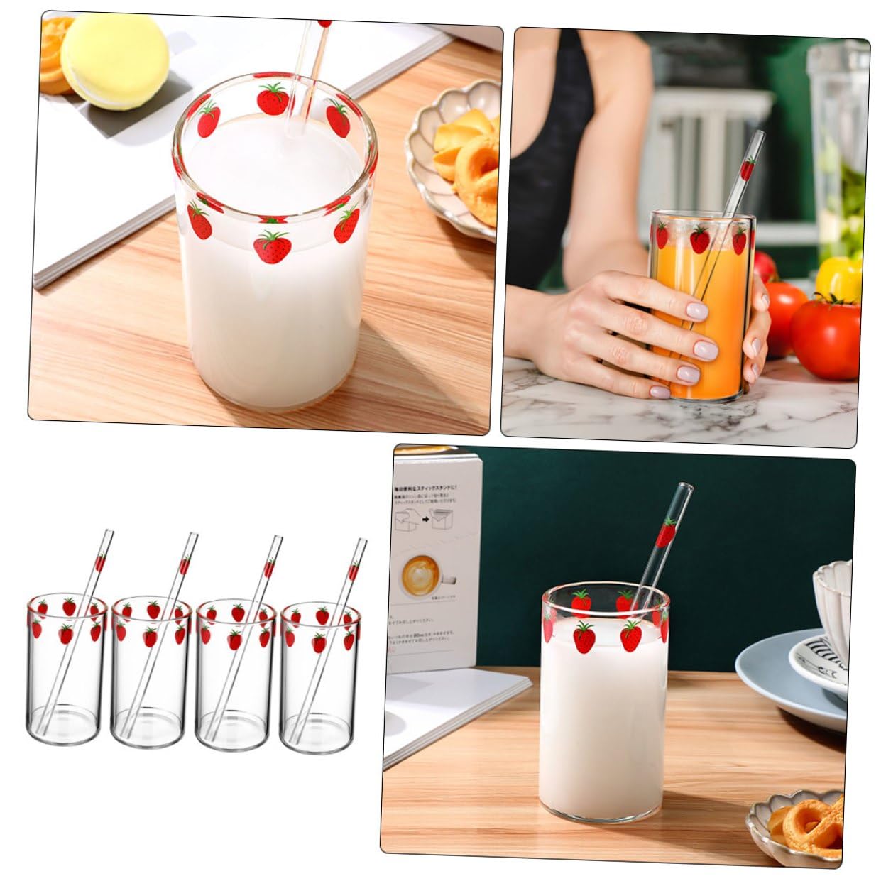 Bicchiere in Vetro Stampa Fragola, Set da 4, Fondo Piatto | Tè e Latte, per Casa e Regalo Inaugurale, Formato Compatto, Uso Quotidiano