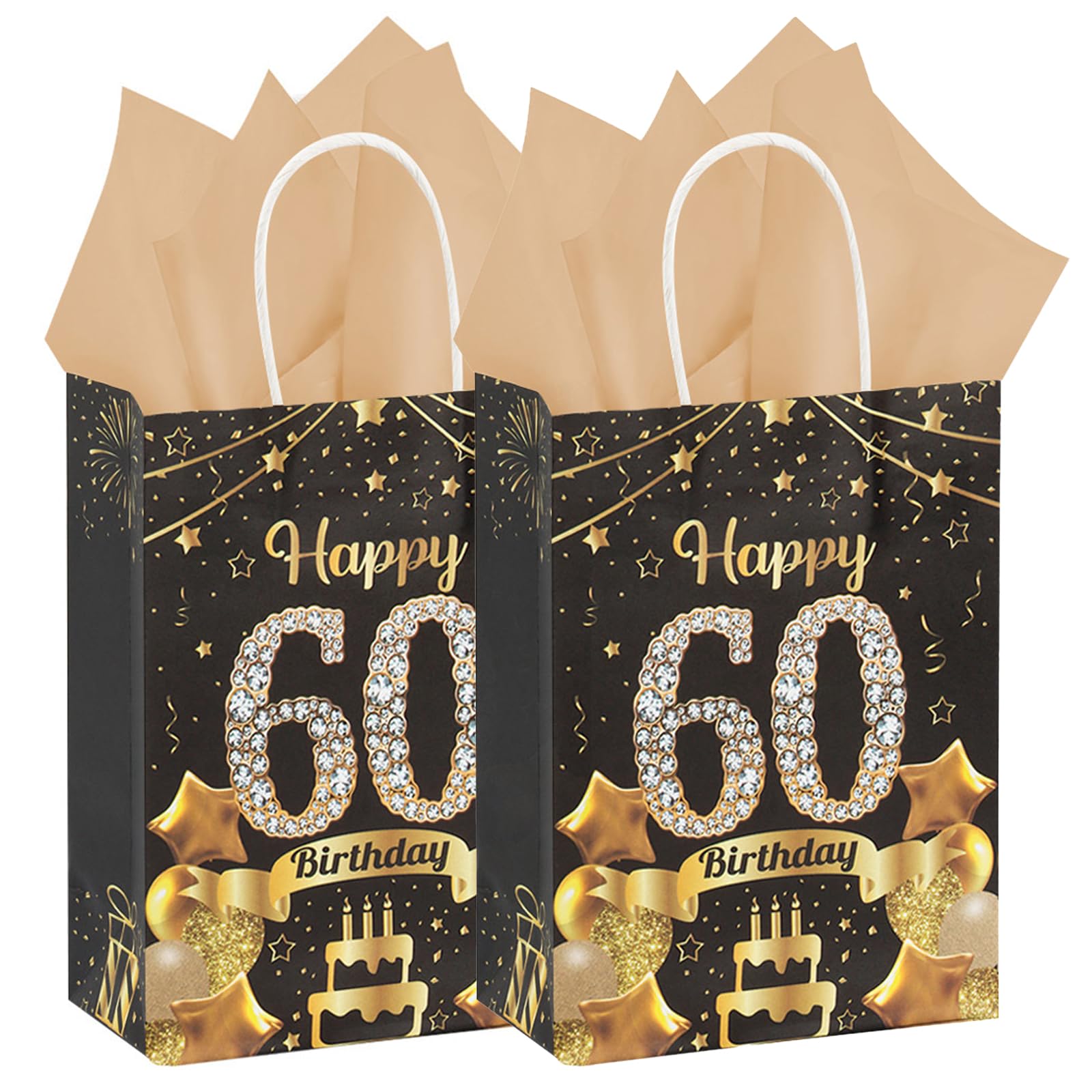 2Pcs Black Gold 60th Birthday Gift Bag with Tissue Paper - 60th Birthday Wrapping Paper Bags for 60 Year Old Present, B-irthday Party Supplies for Men & Women (22cm x 15.7cm x 8cm