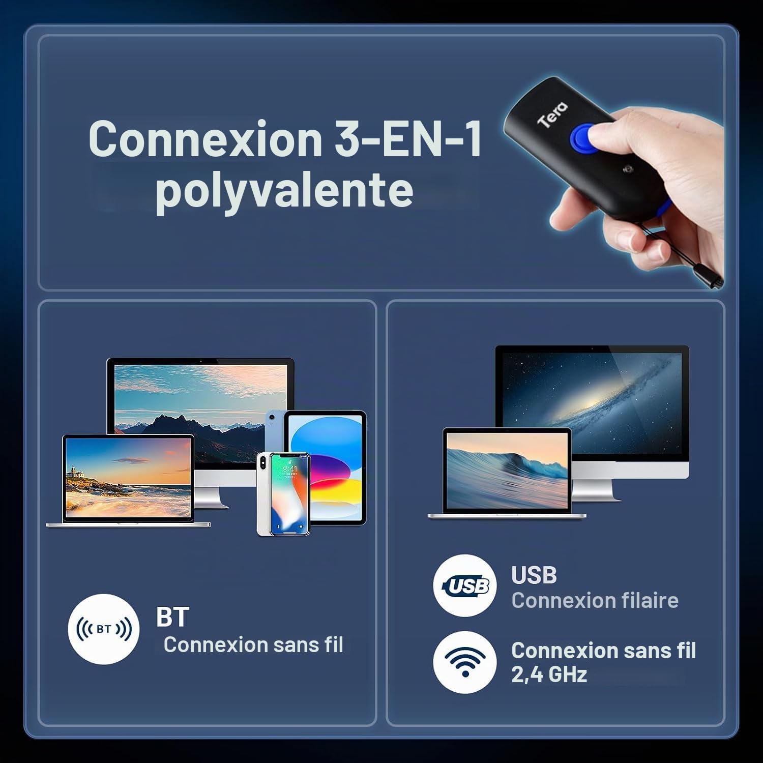 Tera Bluetooth Lecteurs de Code Barre sans Fil 2.4GHz USB (3-en-1) Portable 1D Douchette Scanner Laser Léger pour Smartphone Ecran Compatible avec iOS Android Windows Modèle 1100
