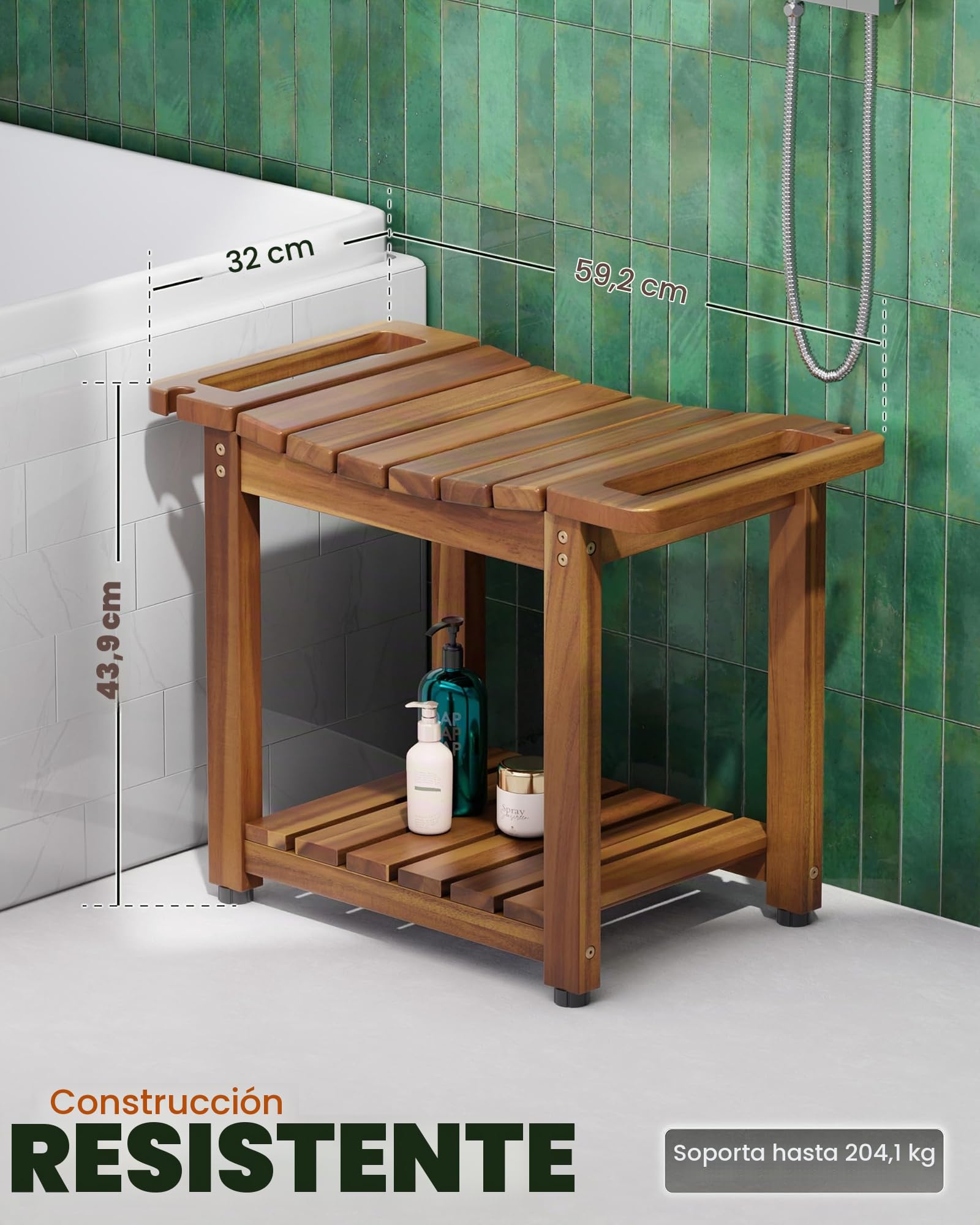 BLUEWEST Banco de Ducha con Estante de Almacenamiento, Bancos de Ducha de Madera Natural para Sentarse en el Interior, Taburete de SPA Impermeable para afeitarse Las piernas con Mango Integrado y