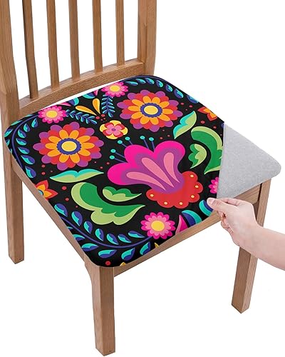 Juego de 4 fundas de asiento coloridas con patrón mexicano floral para sillas de comedor, fundas de asiento de silla de oficina, fundas de asiento