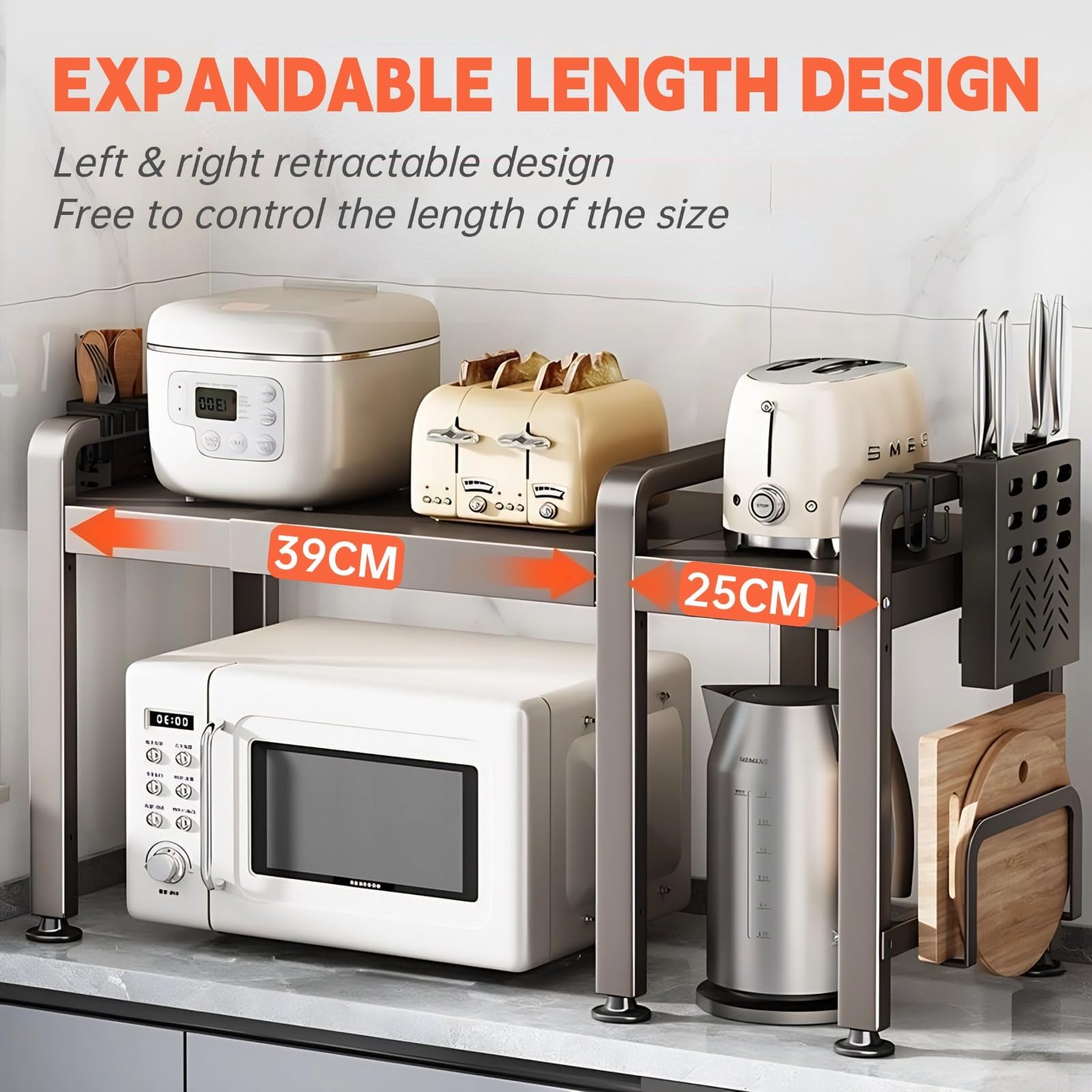 Mensola espandibile per microonde con 6 ganci, supporto estraibile per forno a microonde, 2 livelli, supporto per forno a microonde, scaffale con organizer per piani di lavoro della cucina