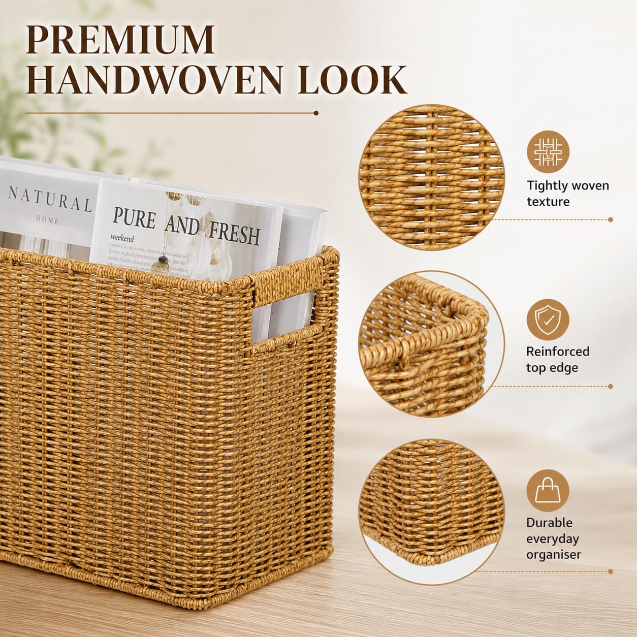 Healeved Panier de rangement tressé style rotin porte-revues avec poignées | Grand panier de rangement aspect rotin naturel pour magazines, livres, collations, cosmétiques et utilisation à domicile