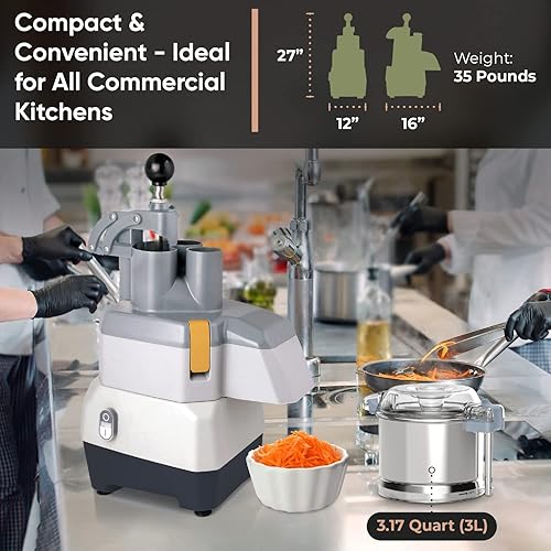Miniatura 5 de Procesador de alimentos comercial 2 en 1 con cuenco de acero inoxidable de 3 cuartos - Alimentación continua 1 HP multifuncional cortador de