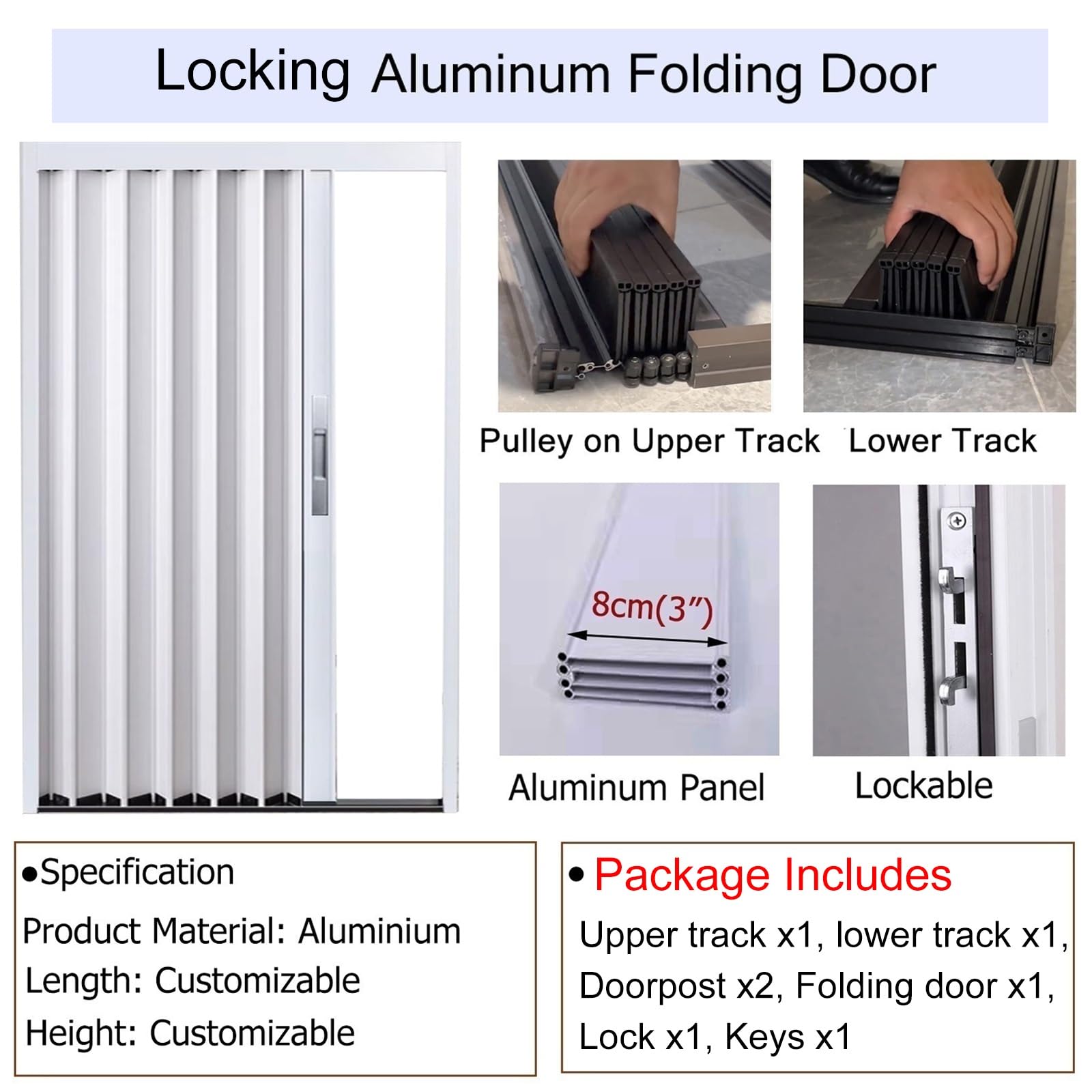 Schiebetür Falttür falttüren innentüren Weiße Falttüren Für Den Innenbereich 240 200 180 160 CM, Abschließbare Schiebetür Für Schrank/ Schlafzimmer/ Badezimmer/ Küche, Aluminium Falttür Außenbereich(W