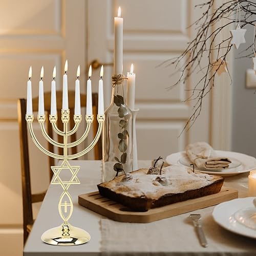 Miniatura 2 de Candelabro, soporte para velas de menorá de Hanukkah, 7 ramas, centro de mesa de menorá, cono dorado, decoración para fiestas de vacaciones de