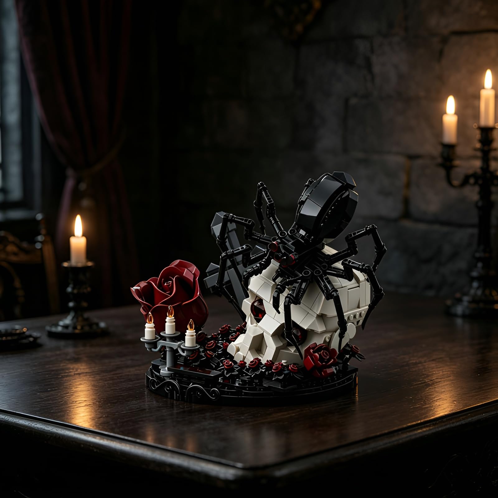 Gothik Spinne Totenkopf Rosen Bausteine Set, 859Stk Friedhof Cross Modell | Dunklen Skelett Dekoration Klemmbausteine, Halloween Dekor Geschenke für Jugend und Erwachsene Gothic Fans